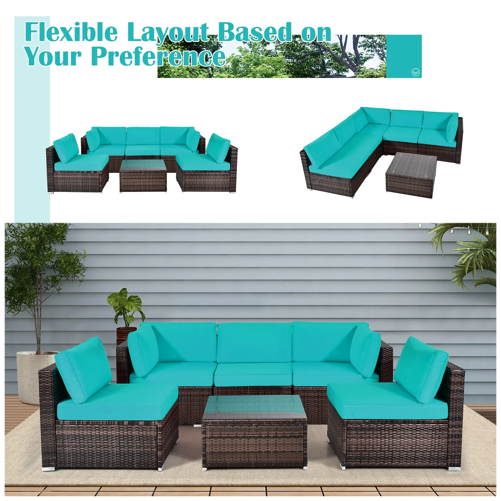 6-Piece Patio Rattan Furniture Set, With Cushions And Glass Table, Blue - Image 8