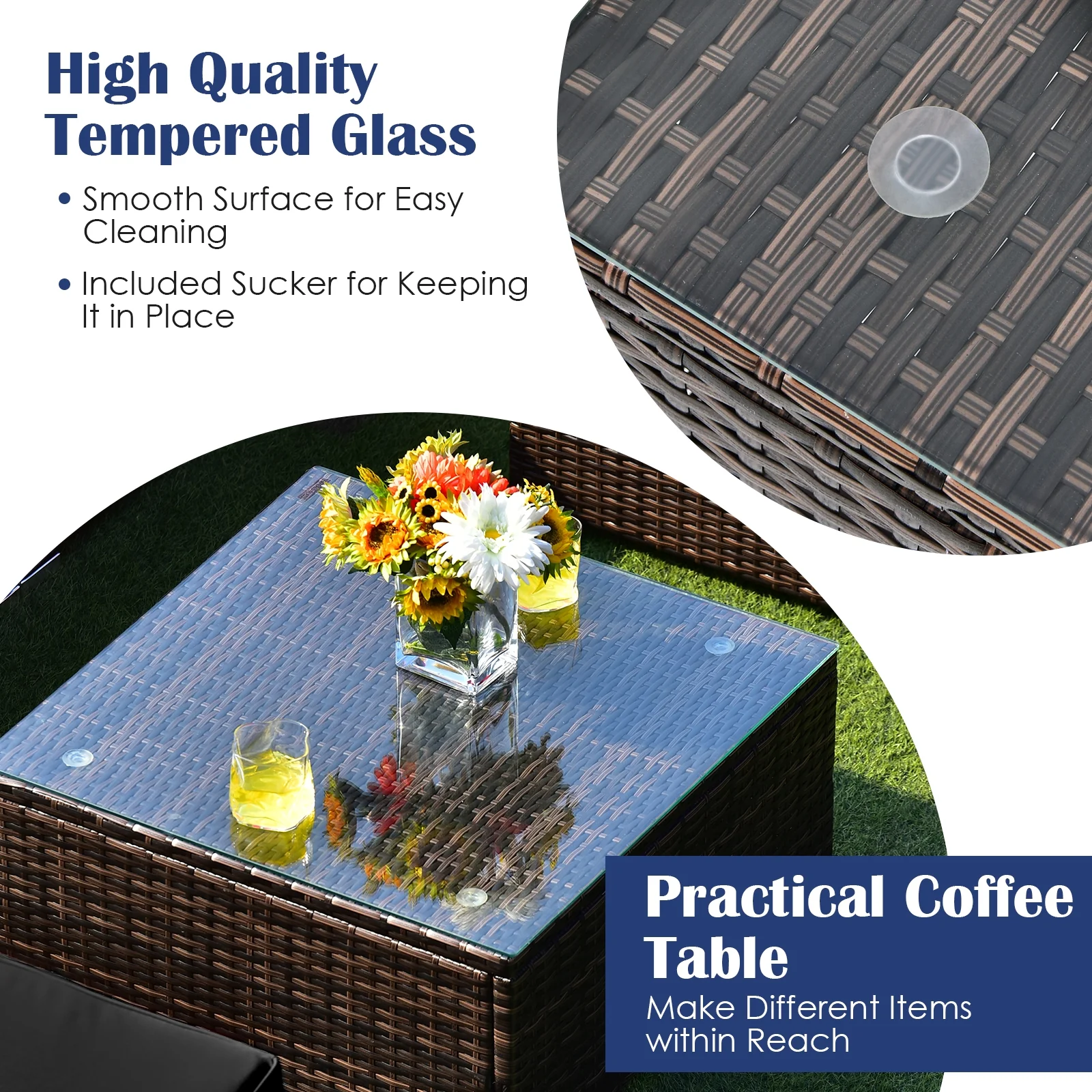 6-Piece Patio Rattan Furniture Set With Cushions, Glass Coffee Table, Black - Image 10
