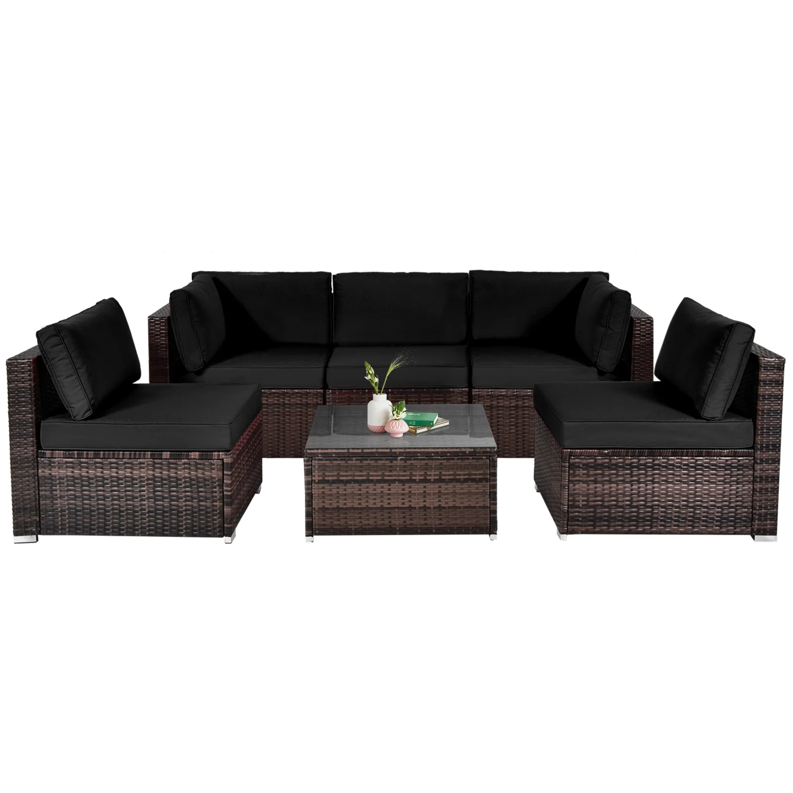 6-Piece Patio Rattan Furniture Set With Cushions, Glass Coffee Table, Black - Image 2
