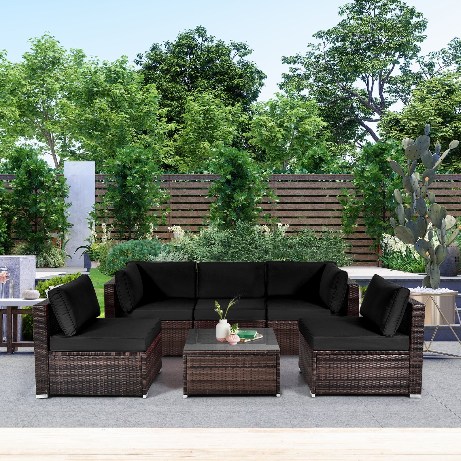 6-Piece Patio Rattan Furniture Set With Cushions, Glass Coffee Table, Black - Image 3