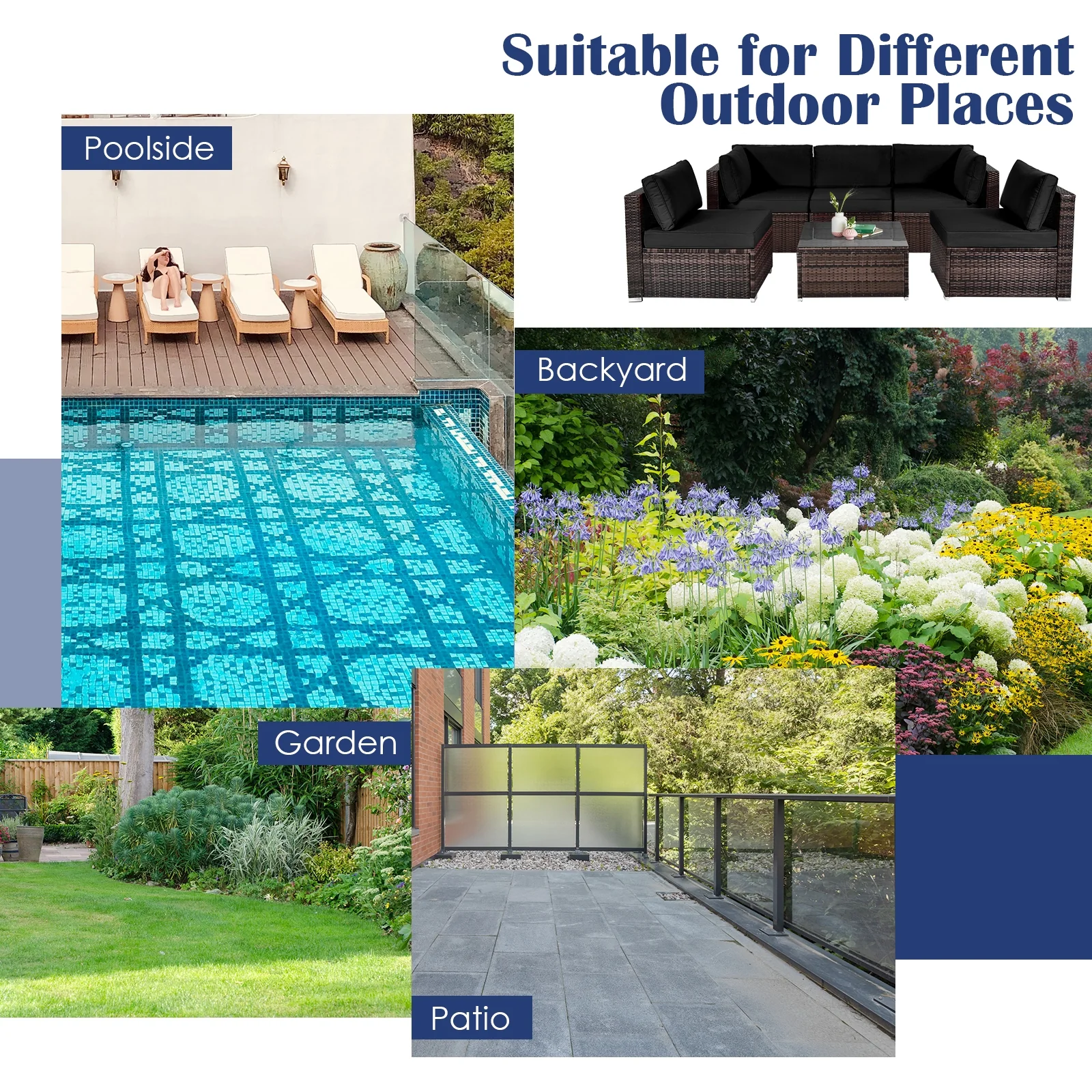 6-Piece Patio Rattan Furniture Set With Cushions, Glass Coffee Table, Black - Image 4