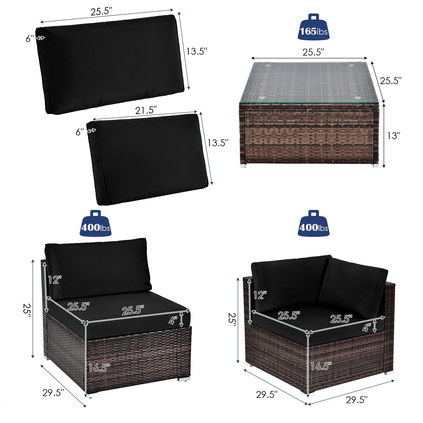 6-Piece Patio Rattan Furniture Set With Cushions, Glass Coffee Table, Black - Image 5