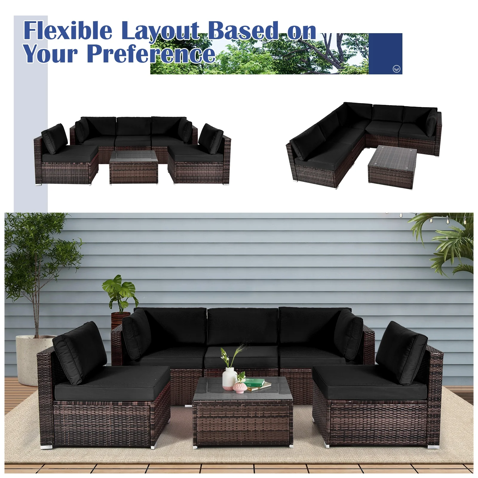 6-Piece Patio Rattan Furniture Set With Cushions, Glass Coffee Table, Black - Image 6