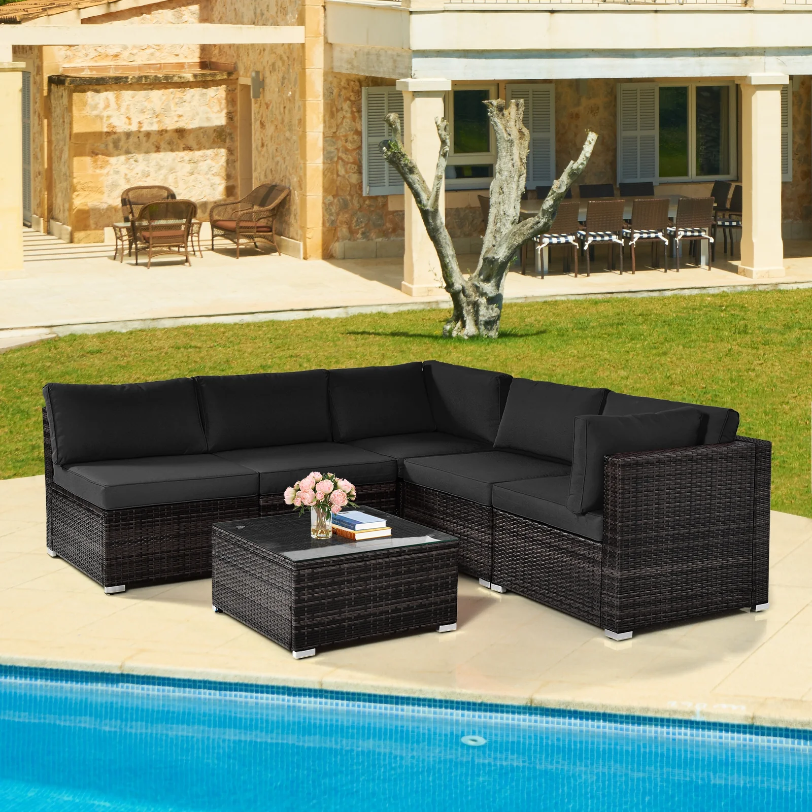 6-Piece Patio Rattan Furniture Set With Cushions, Glass Coffee Table, Black - Image 7