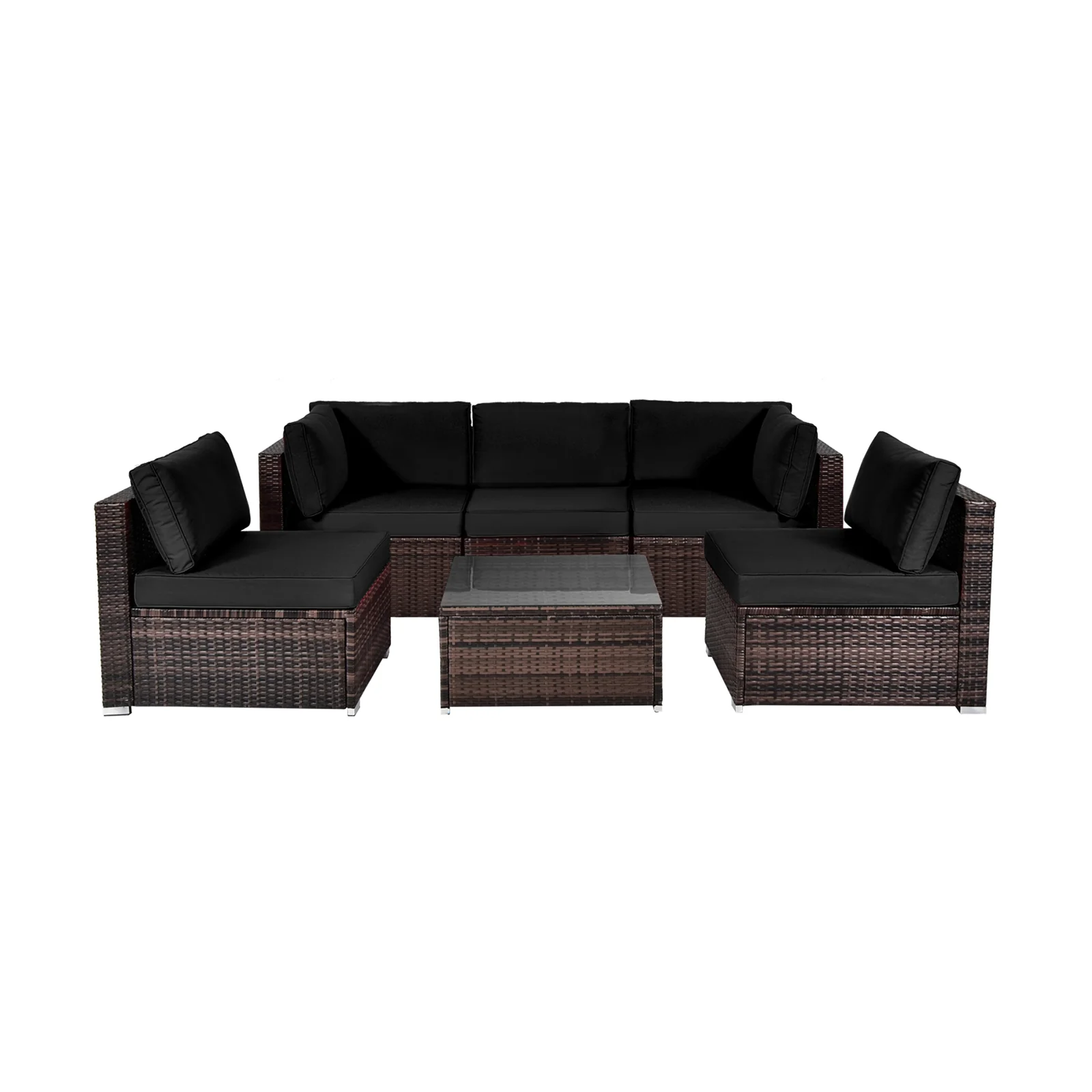6-Piece Patio Rattan Furniture Set With Cushions, Glass Coffee Table, Black - Image 8