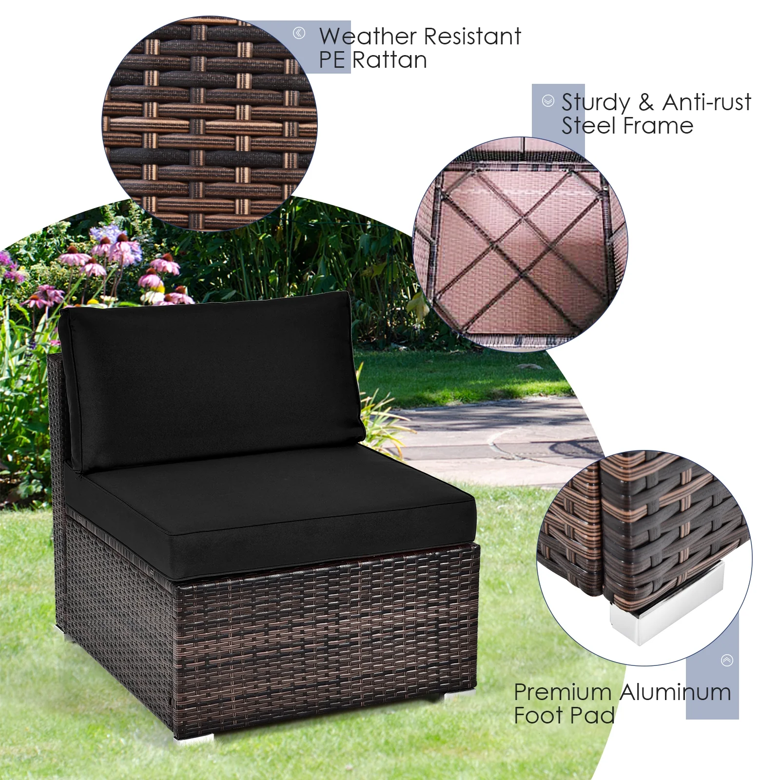 6-Piece Patio Rattan Furniture Set With Cushions, Glass Coffee Table, Black - Image 9