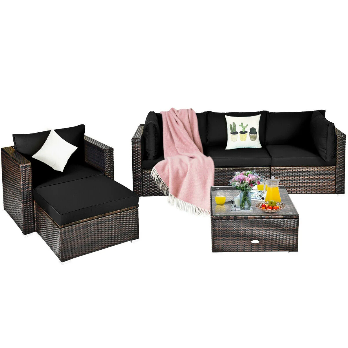 6-Piece Patio Rattan Furniture Set, With Sectional Cushion, Black - Image 10