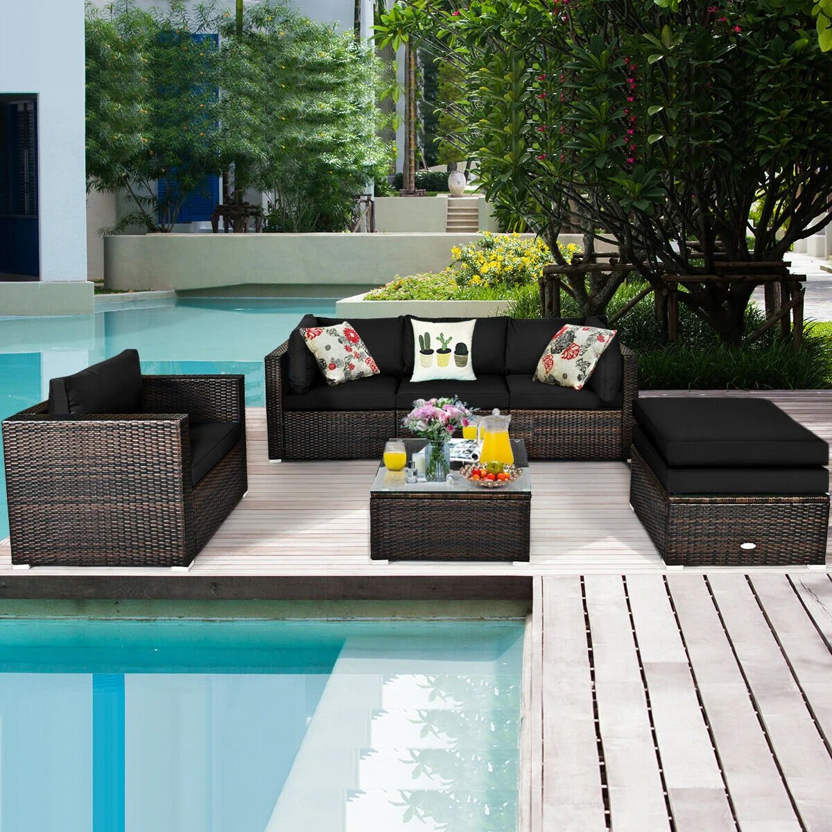 6-Piece Patio Rattan Furniture Set, With Sectional Cushion, Black - Image 2