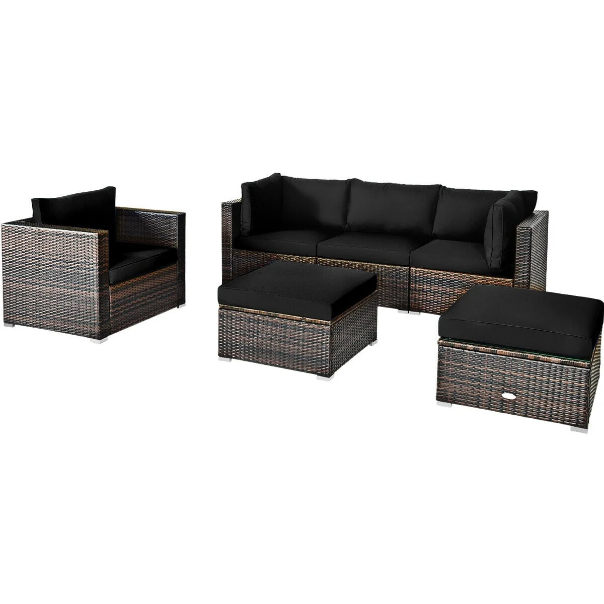 6-Piece Patio Rattan Furniture Set, With Sectional Cushion, Black - Image 4