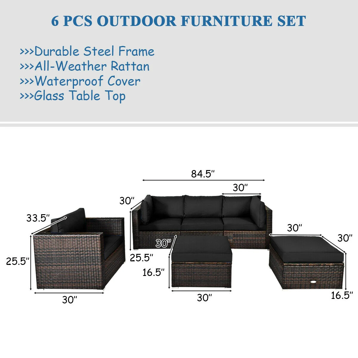 6-Piece Patio Rattan Furniture Set, With Sectional Cushion, Black - Image 5