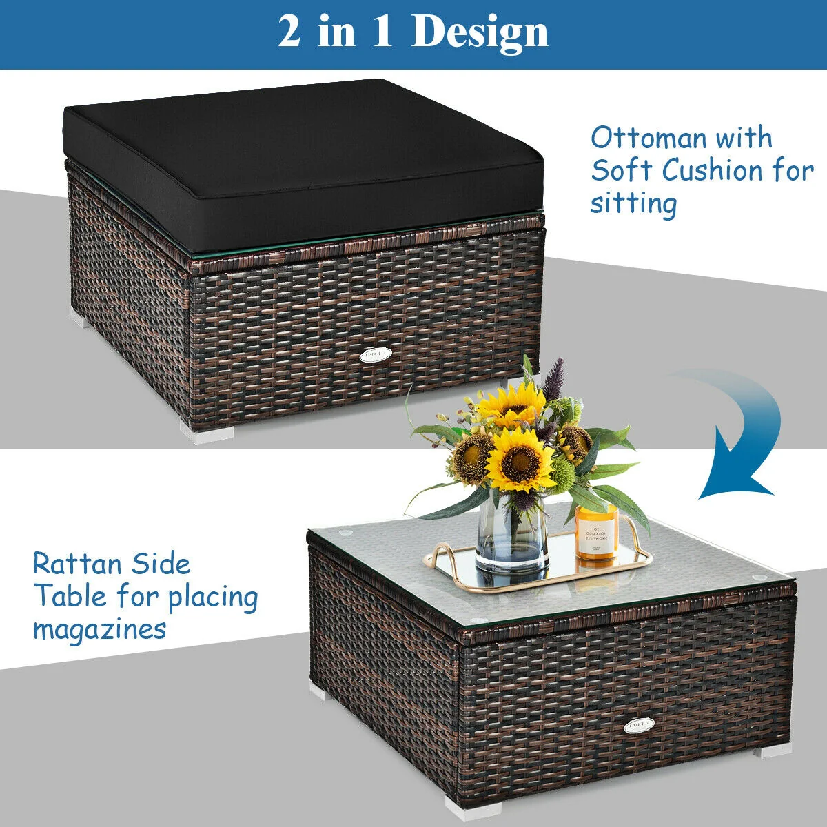 6-Piece Patio Rattan Furniture Set, With Sectional Cushion, Black - Image 6