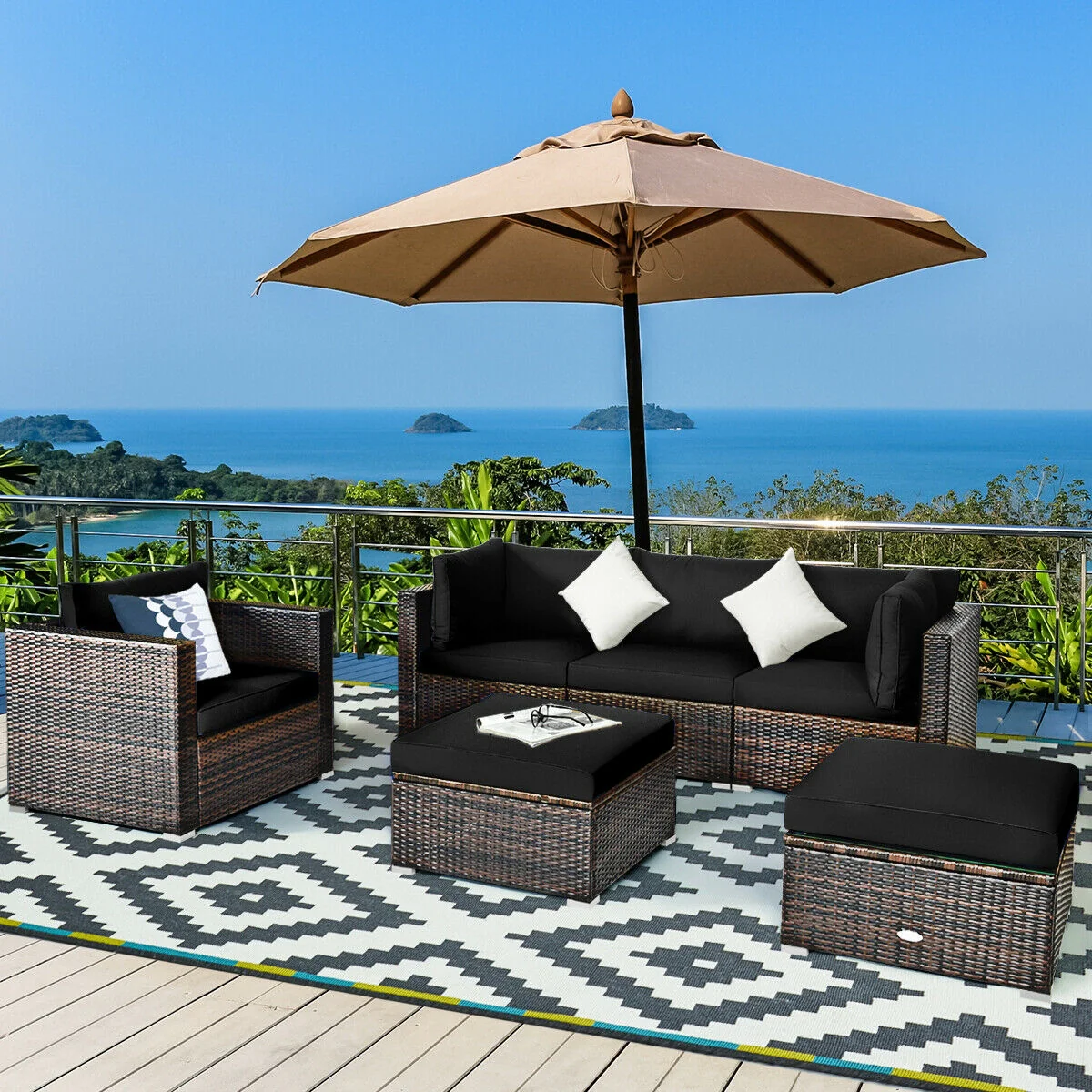 6-Piece Patio Rattan Furniture Set, With Sectional Cushion, Black - Image 7
