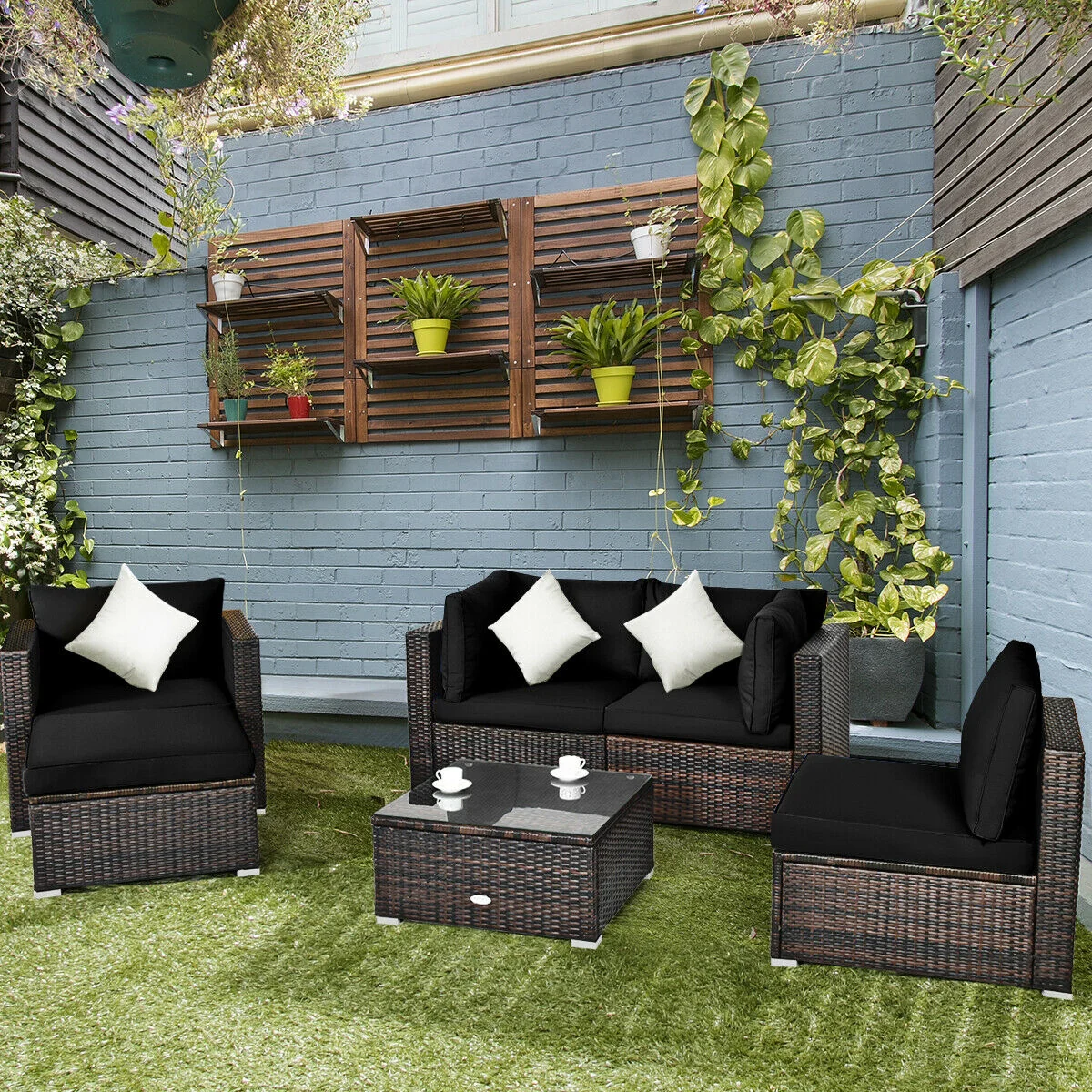 6-Piece Patio Rattan Furniture Set, With Sectional Cushion, Black - Image 8