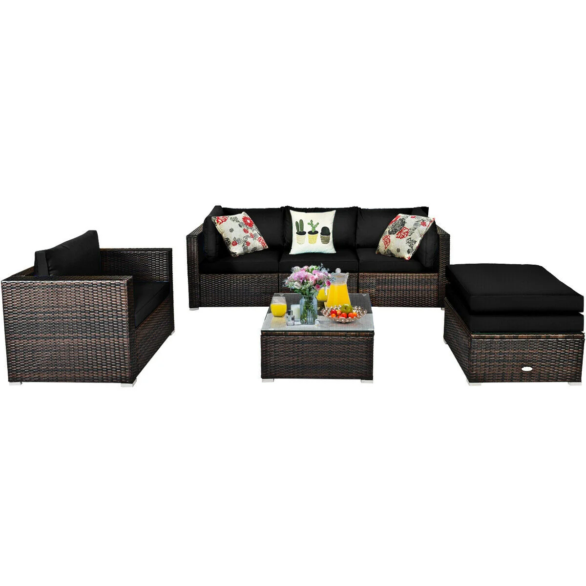 6-Piece Patio Rattan Furniture Set, With Sectional Cushion, Black - Image 9