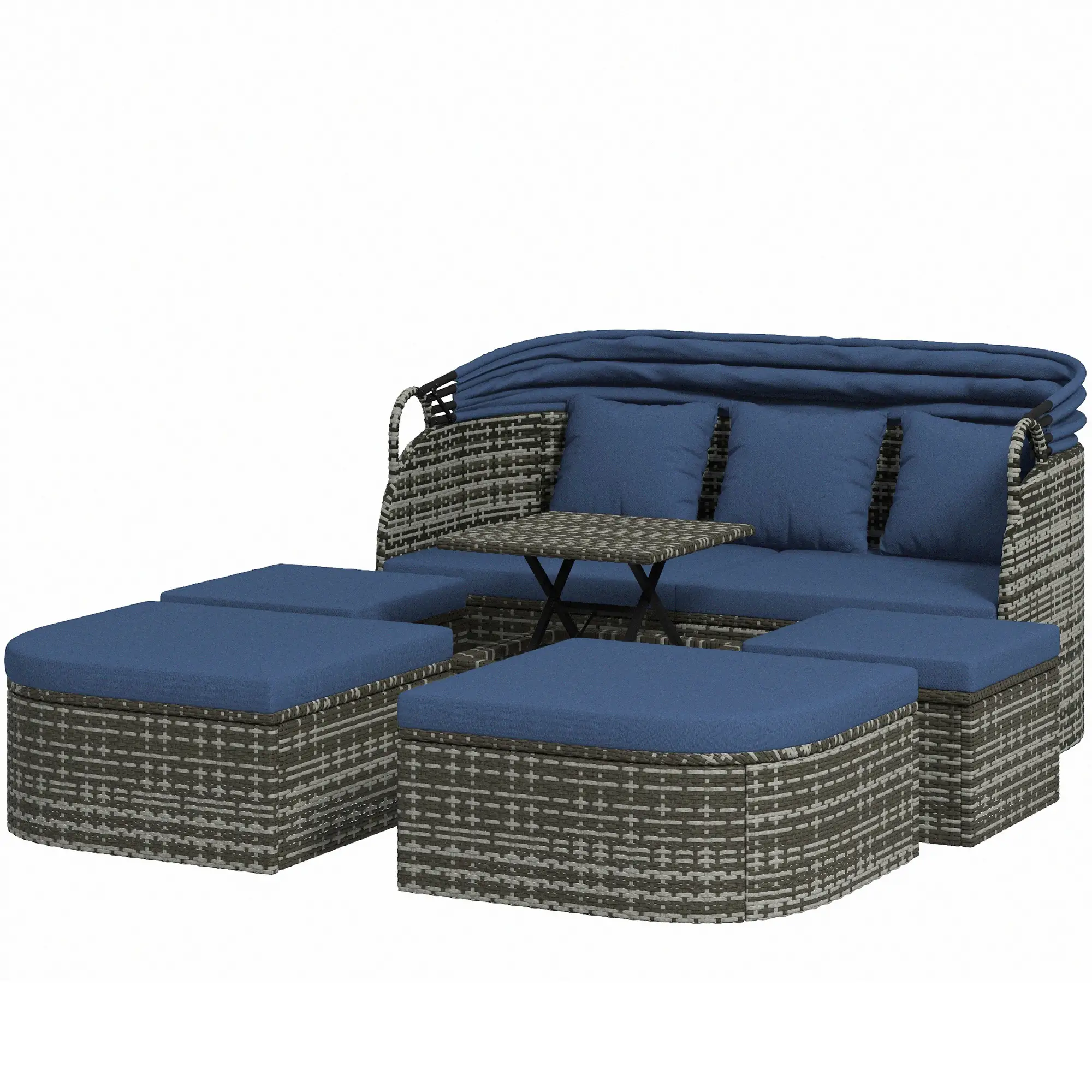 6-Piece Patio Set, PE Rattan Outdoor Daybed, Canopy, Lift Up Table