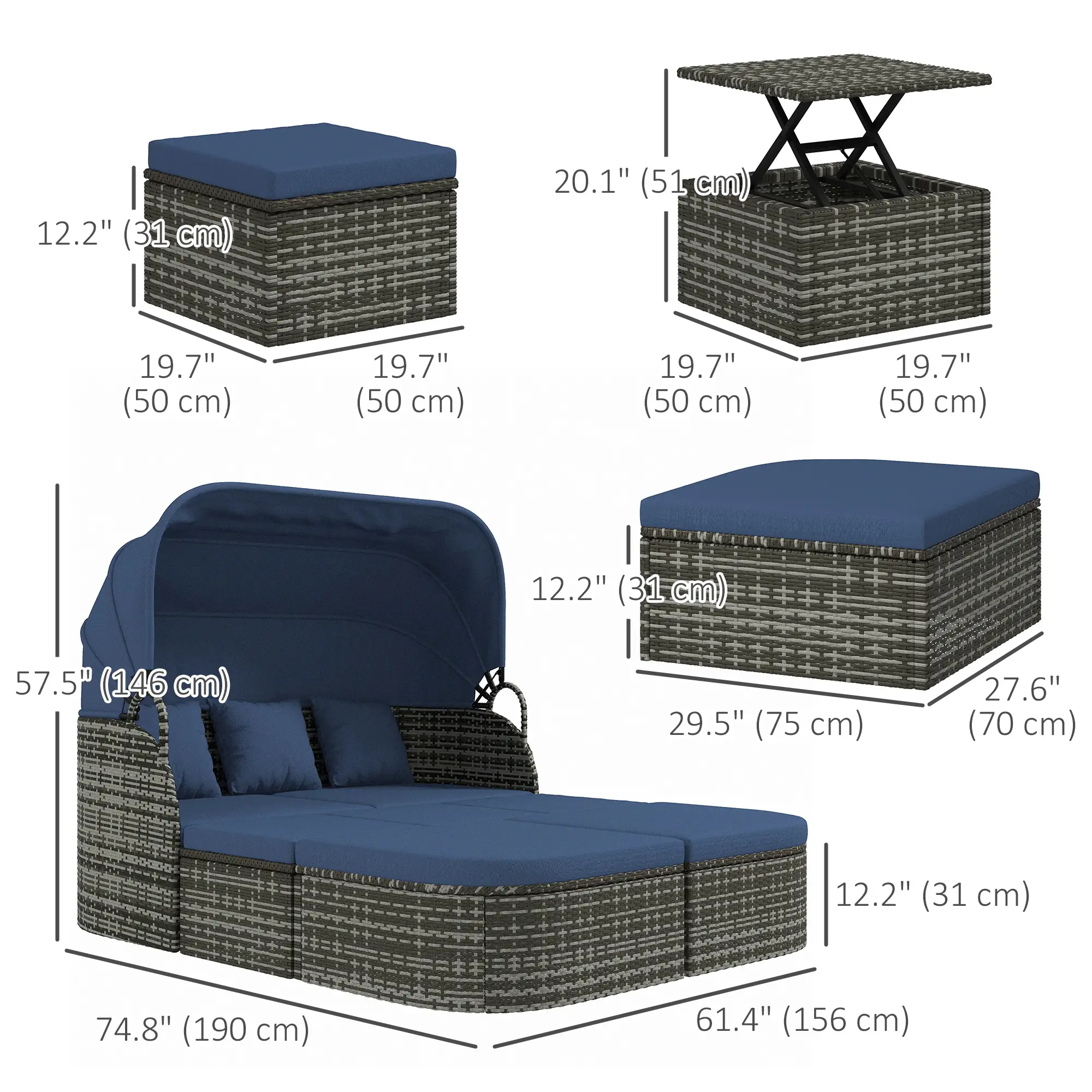6-Piece Patio Set, PE Rattan Outdoor Daybed, Canopy, Lift Up Table - Image 3