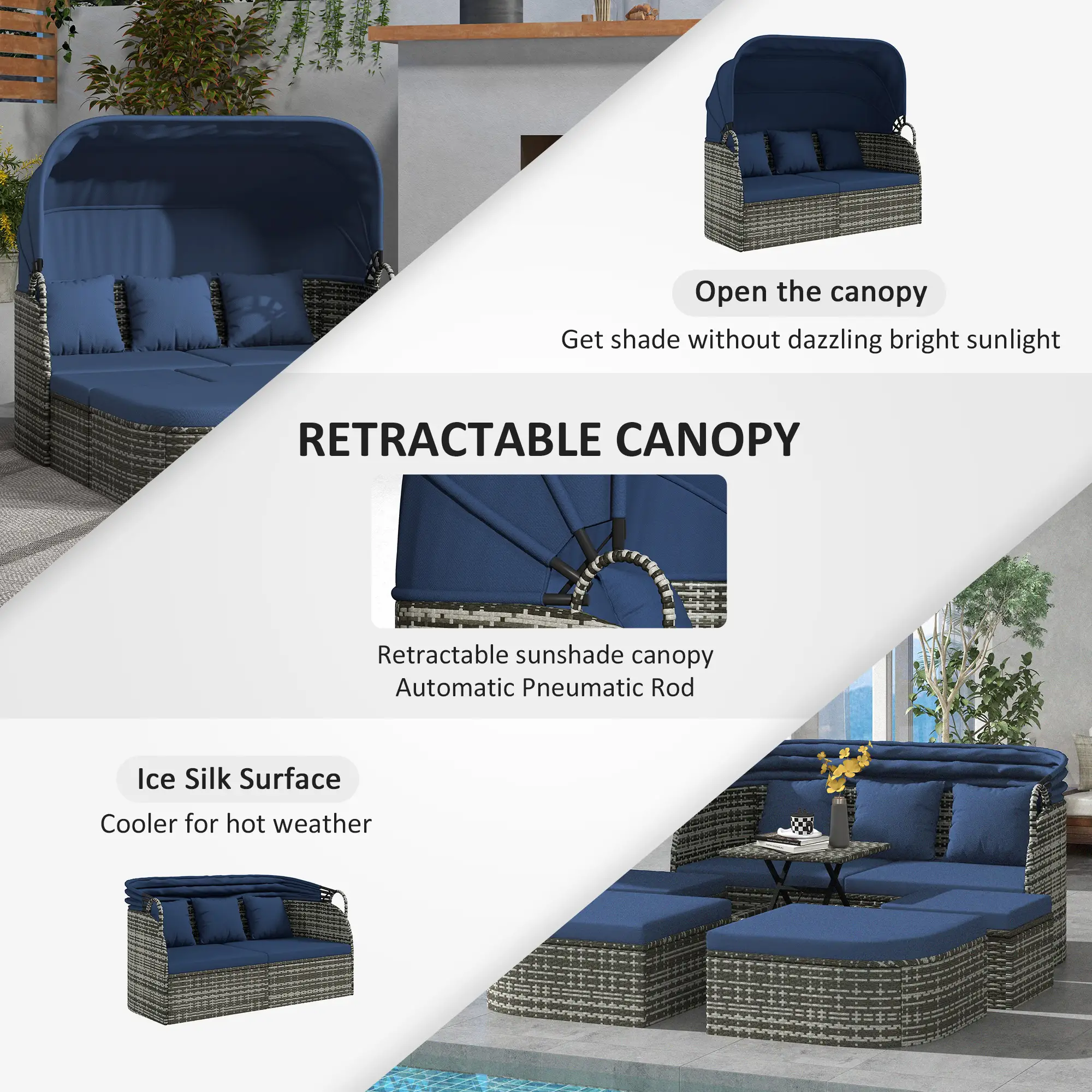 6-Piece Patio Set, PE Rattan Outdoor Daybed, Canopy, Lift Up Table - Image 4
