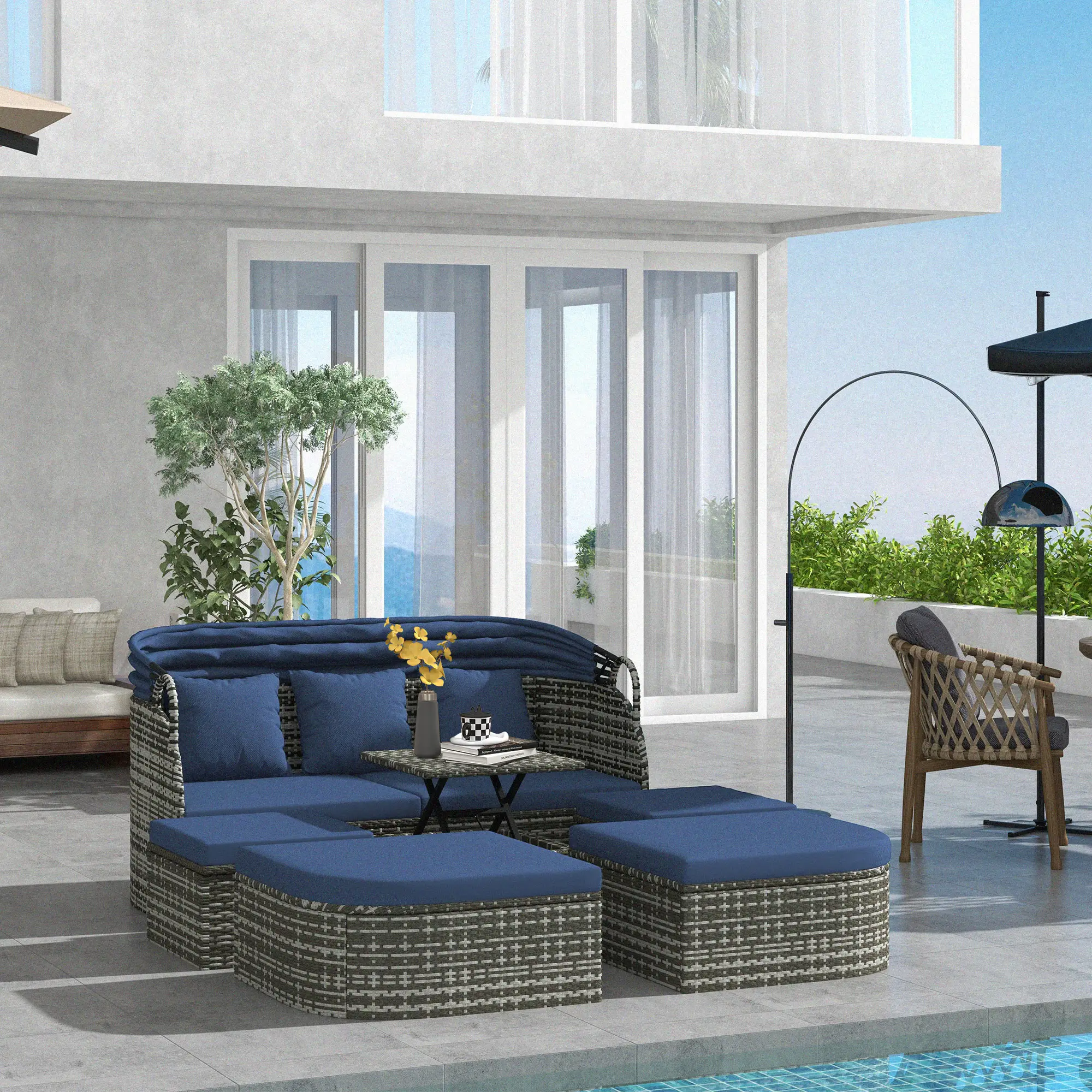 6-Piece Patio Set, PE Rattan Outdoor Daybed, Canopy, Lift Up Table - Image 8