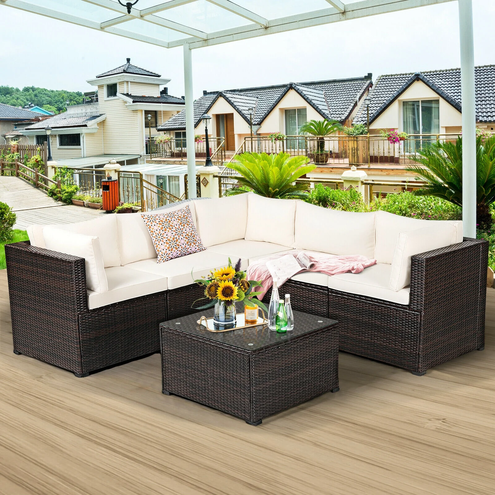 6 Piece Patio Sofa Set With Cushions, Outdoor, Beige - Image 2