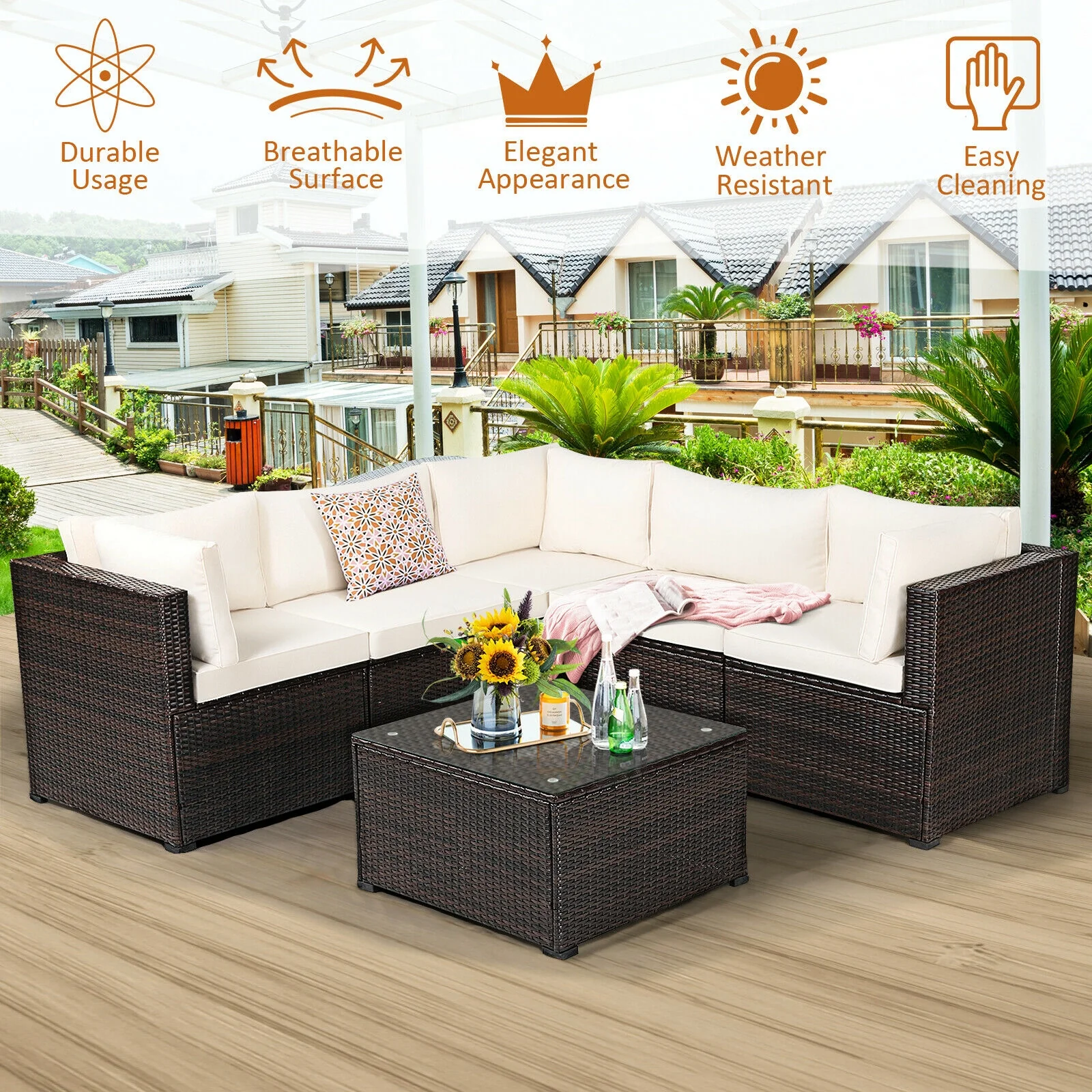 6 Piece Patio Sofa Set With Cushions, Outdoor, Beige - Image 3