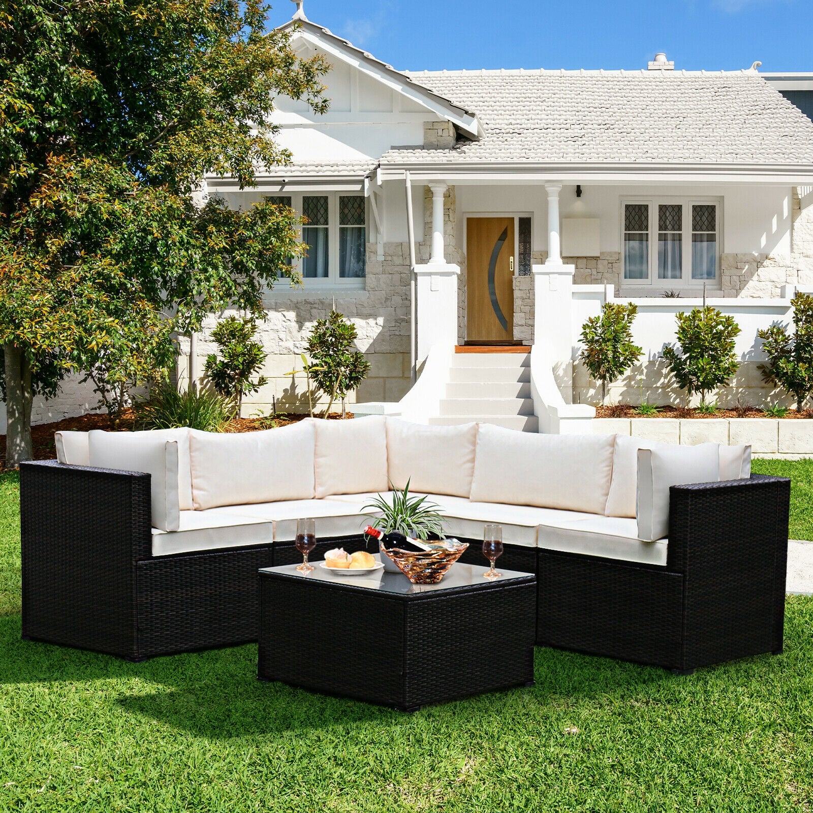 6 Piece Patio Sofa Set With Cushions, Outdoor, Beige - Image 7