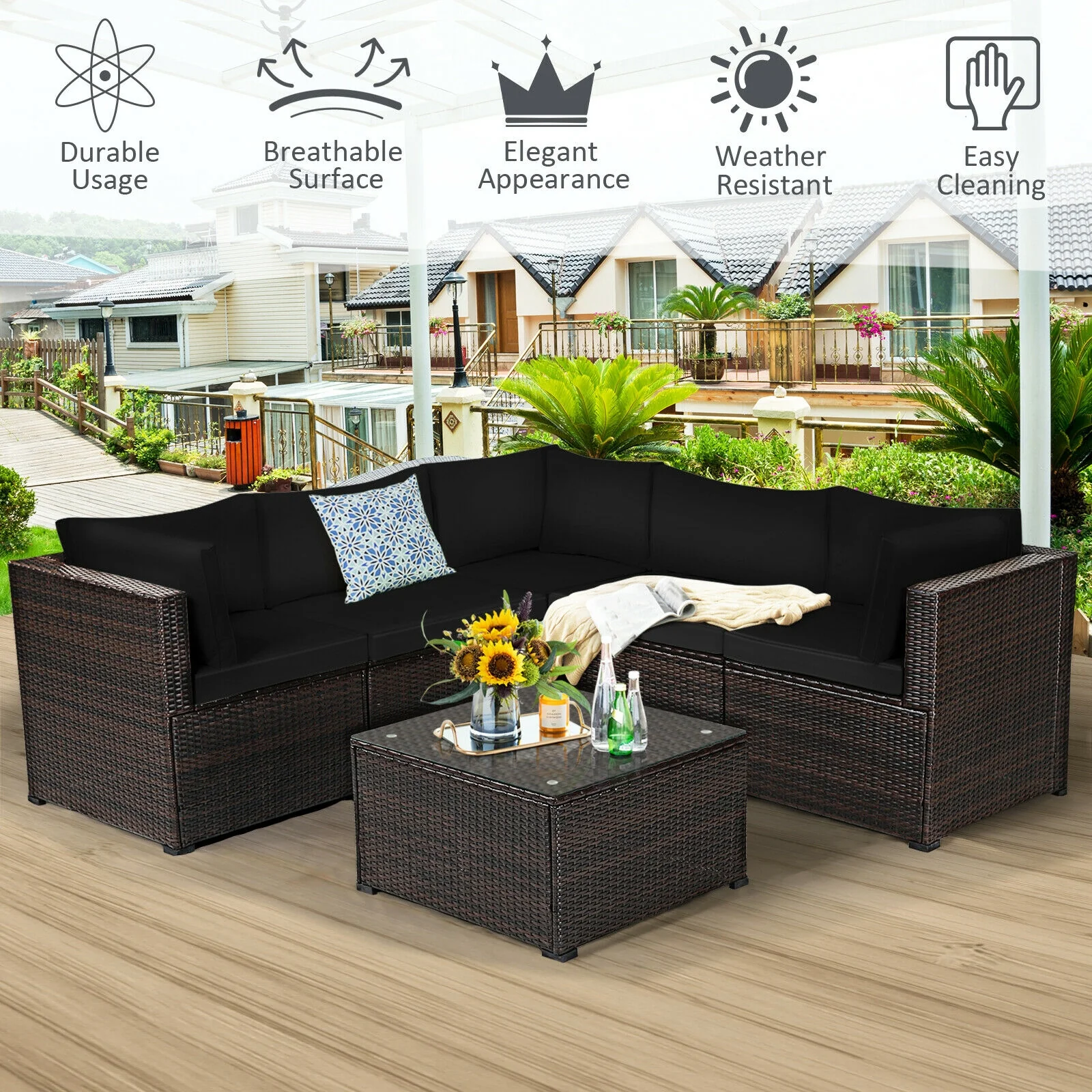 6-Piece Patio Sofa Set With Cushions, Outdoor, Black - Image 4