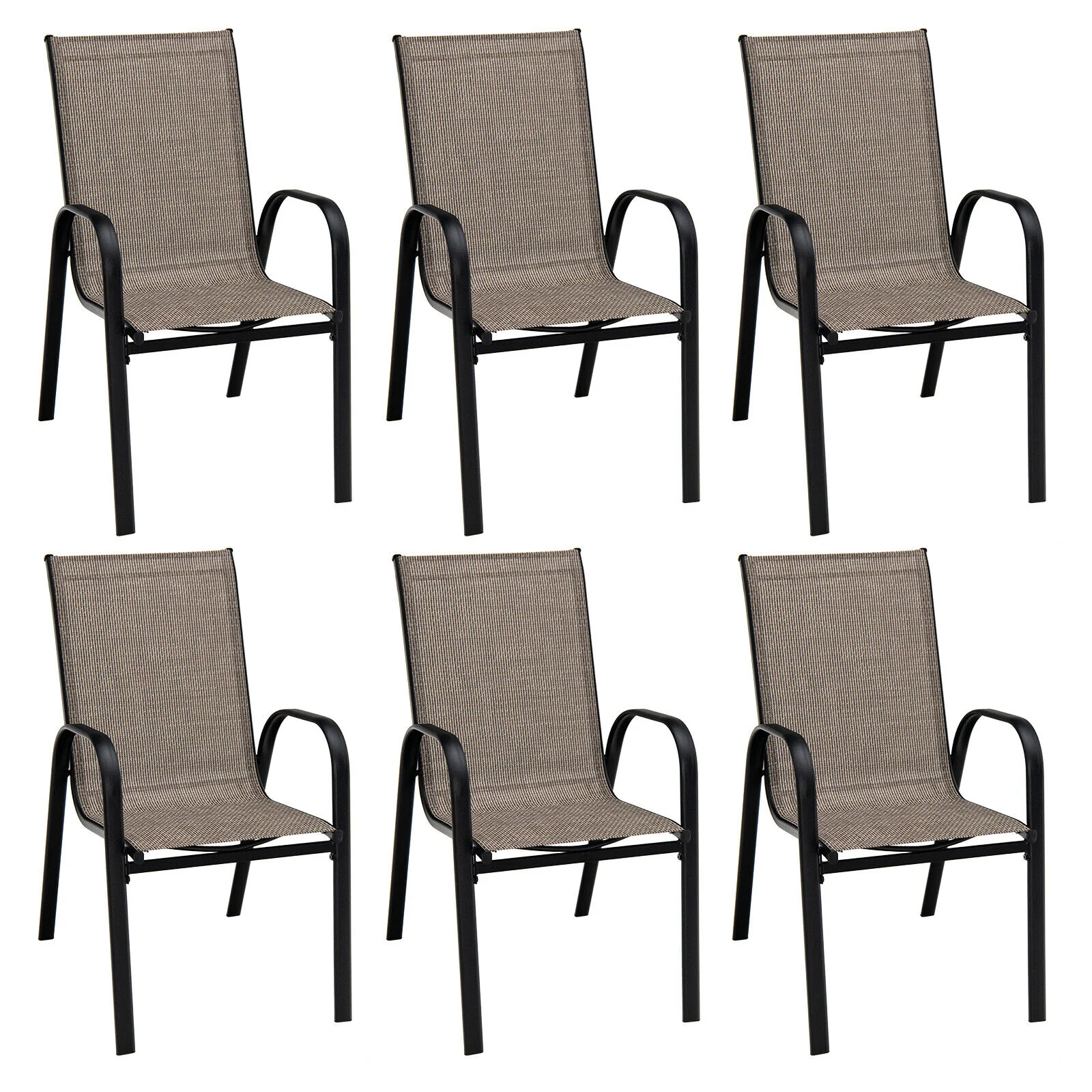 6-Piece Patio Stackable Dining Chairs, Curved Armrests, Breathable Fabric, Brown - Image 2