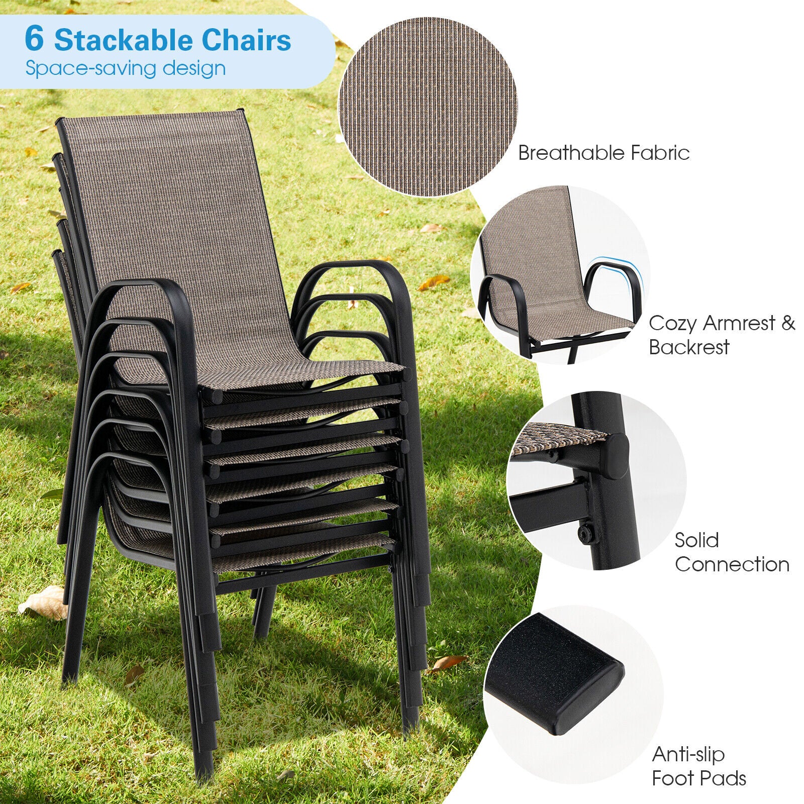 6-Piece Patio Stackable Dining Chairs, Curved Armrests, Breathable Fabric, Brown - Image 4