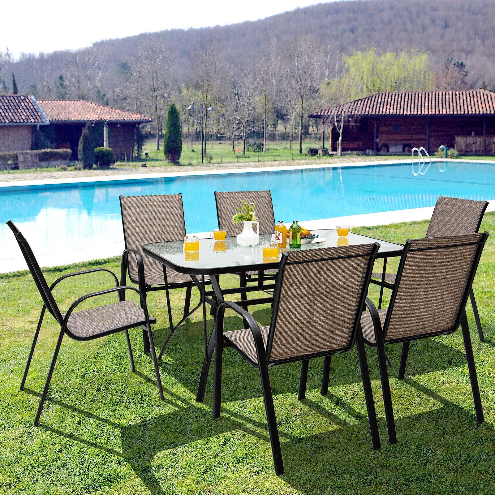 6-Piece Patio Stackable Dining Chairs, Curved Armrests, Breathable Fabric, Brown - Image 6