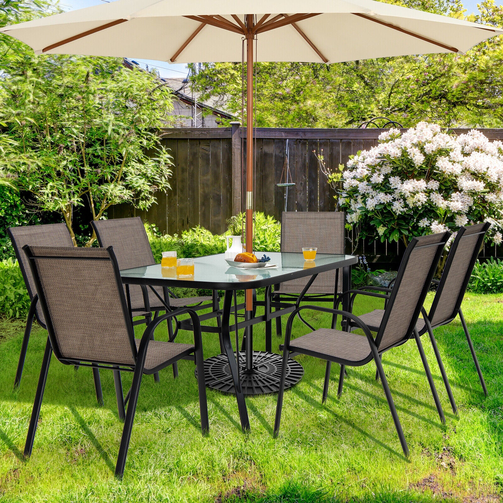 6-Piece Patio Stackable Dining Chairs, Curved Armrests, Breathable Fabric, Brown - Image 7