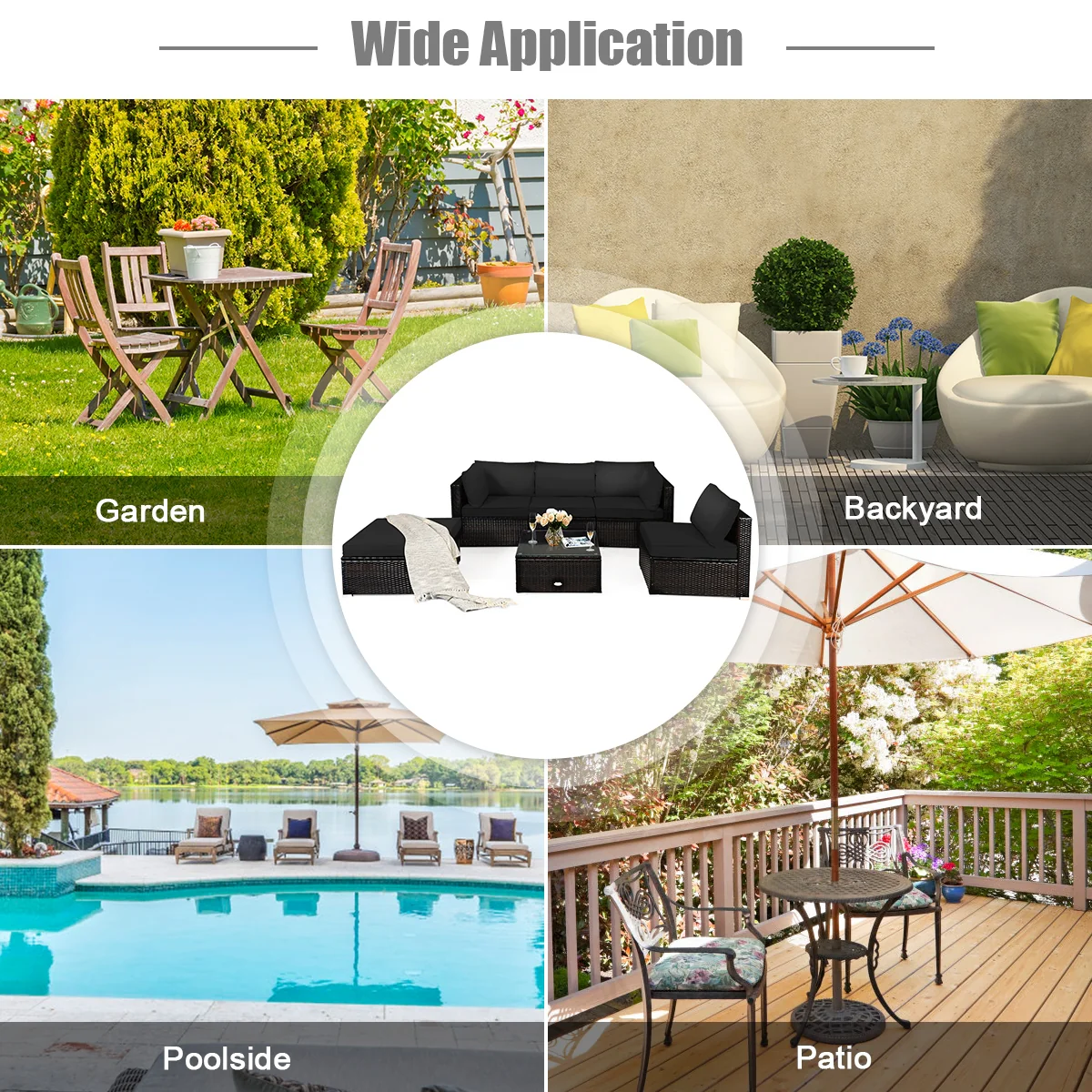 6 Piece Rattan Patio Furniture Set, Sofa Ottoman, Dark Black - Image 10