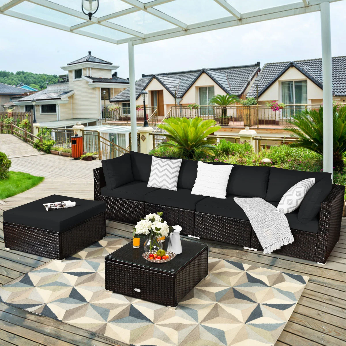 6 Piece Rattan Patio Furniture Set, Sofa Ottoman, Dark Black - Image 2