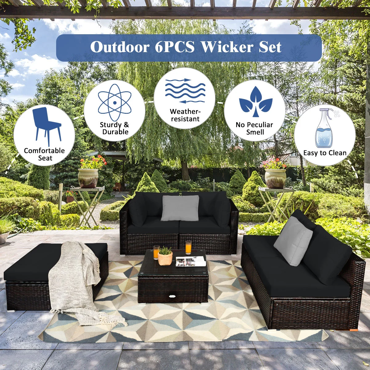 6 Piece Rattan Patio Furniture Set, Sofa Ottoman, Dark Black - Image 3