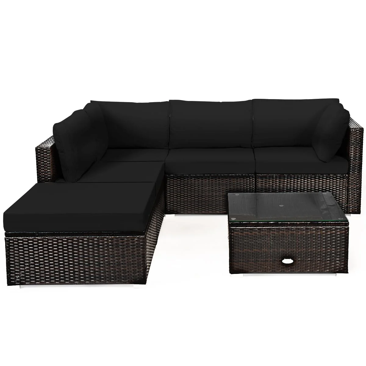 6 Piece Rattan Patio Furniture Set, Sofa Ottoman, Dark Black - Image 4