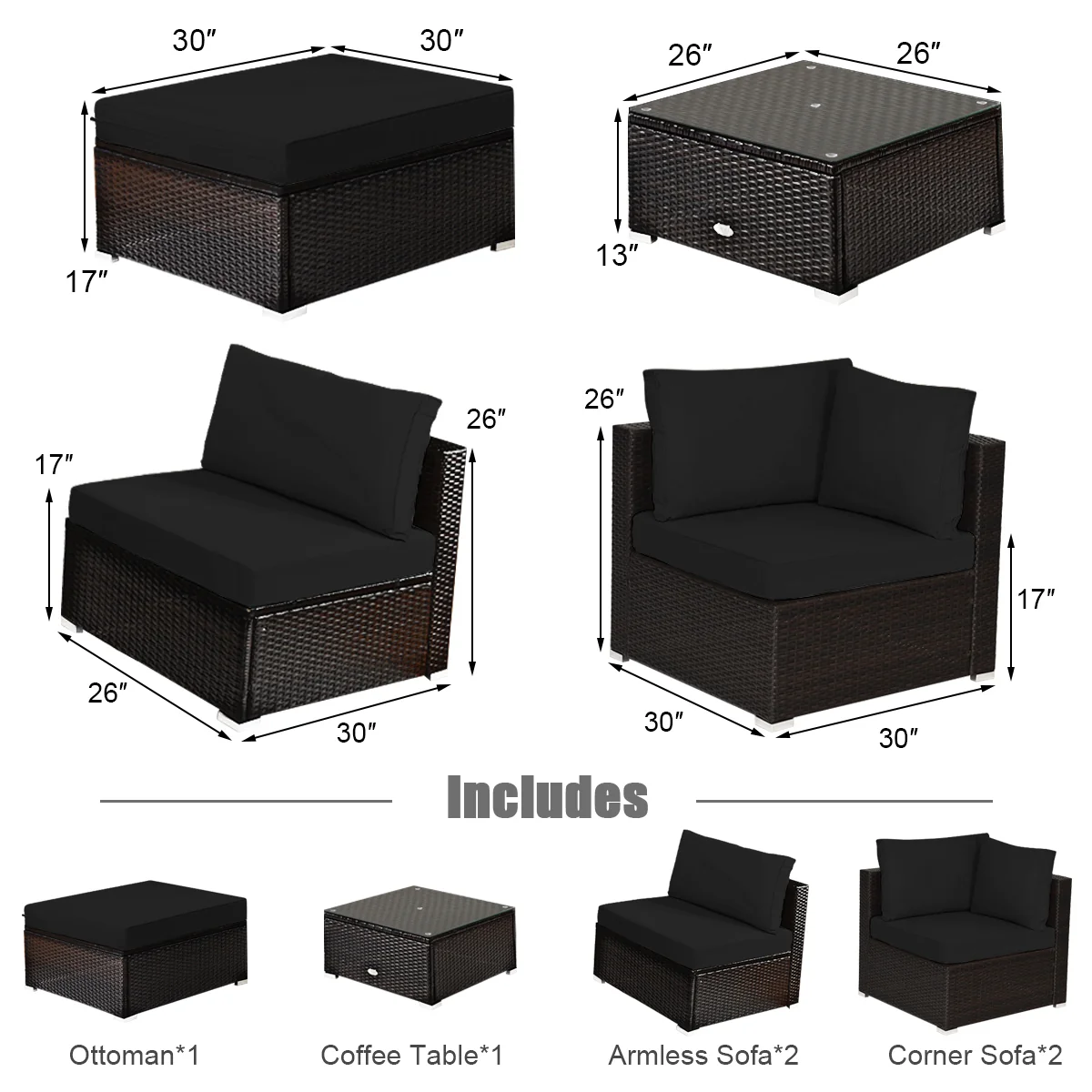 6 Piece Rattan Patio Furniture Set, Sofa Ottoman, Dark Black - Image 5