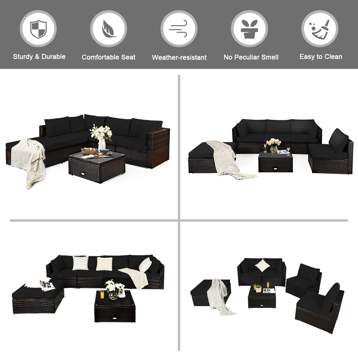 6 Piece Rattan Patio Furniture Set, Sofa Ottoman, Dark Black - Image 6