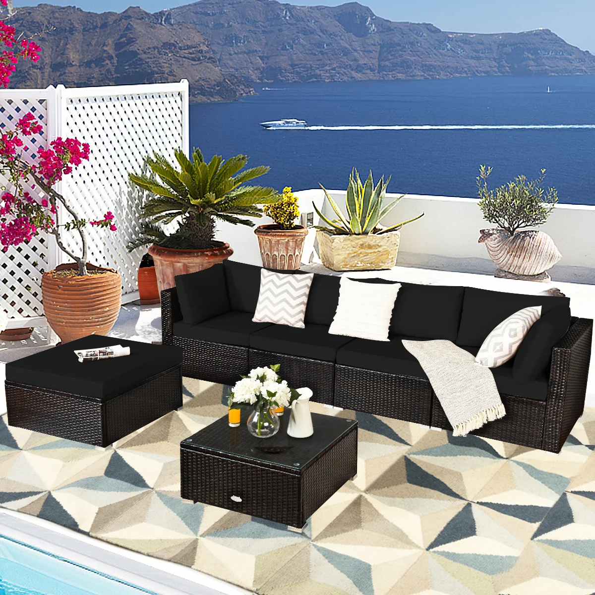 6 Piece Rattan Patio Furniture Set, Sofa Ottoman, Dark Black - Image 7