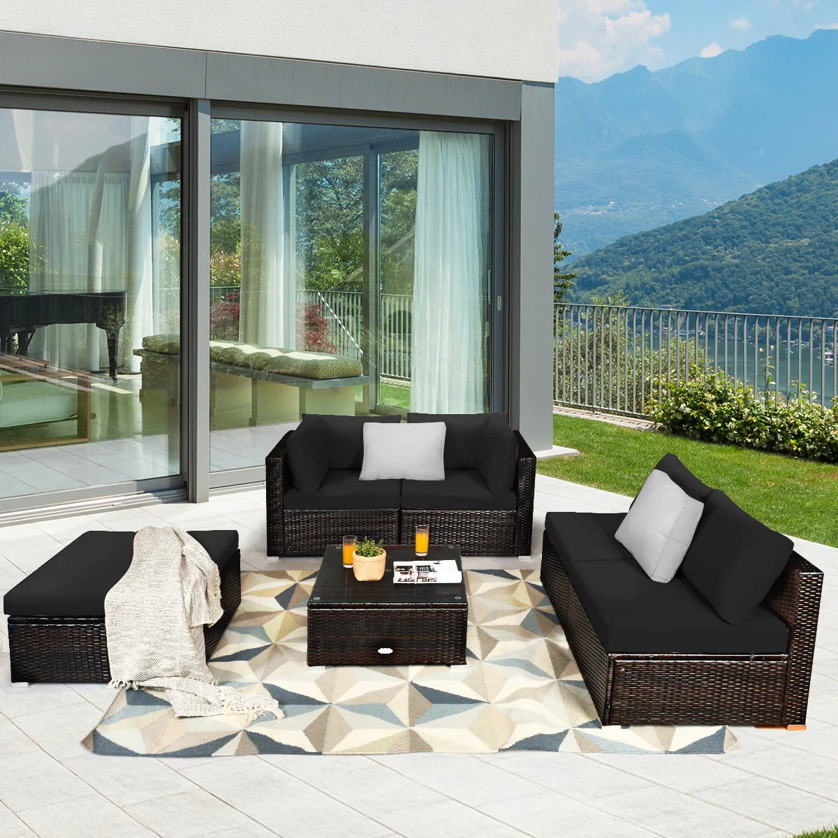 6 Piece Rattan Patio Furniture Set, Sofa Ottoman, Dark Black - Image 8