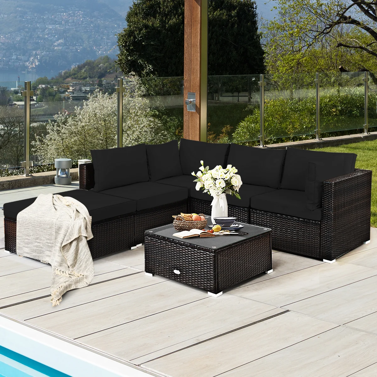 6 Piece Rattan Patio Furniture Set, Sofa Ottoman, Dark Black - Image 9
