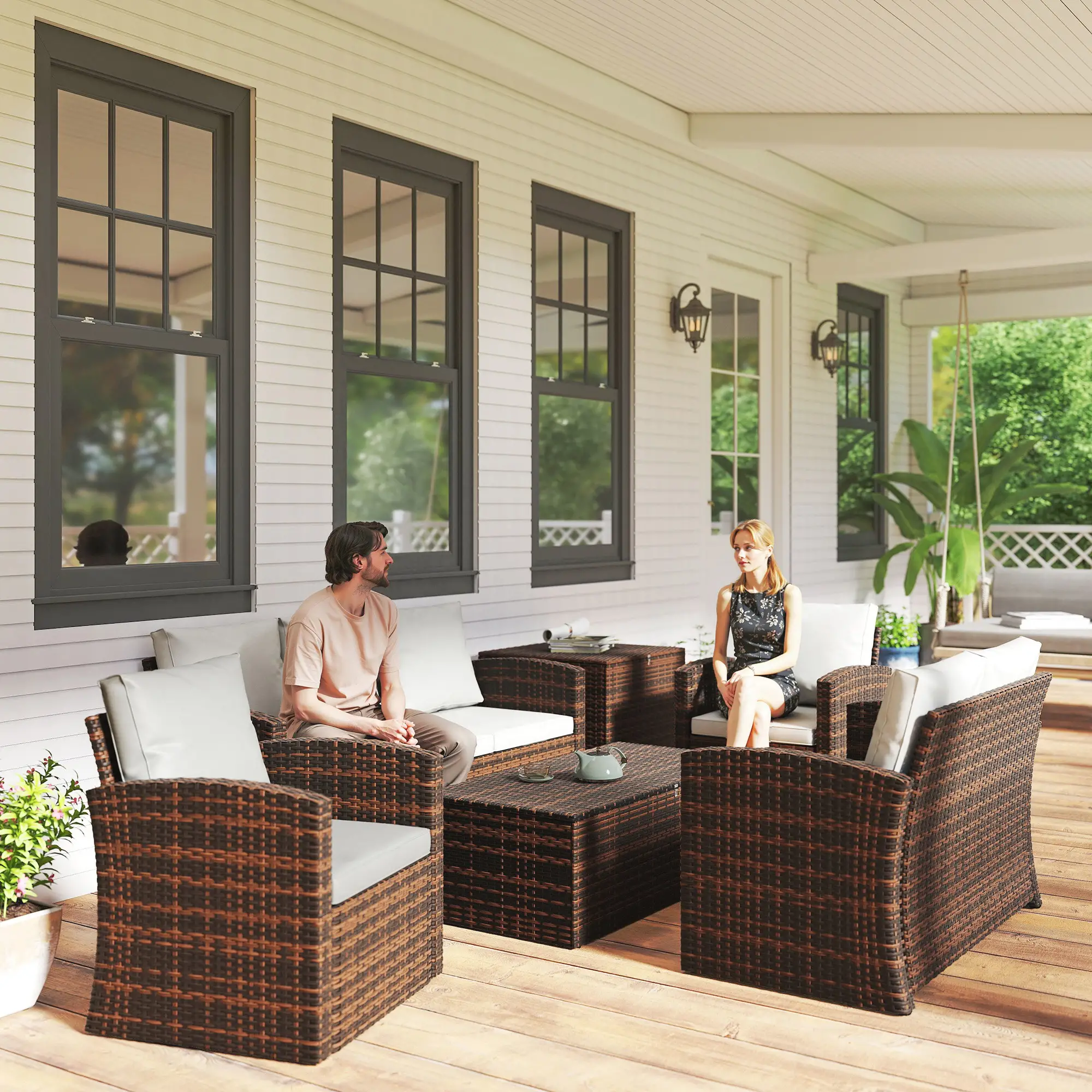 6-Piece Wicker Patio Furniture Set, 7-Seater with Cushions, Cream White - Image 10