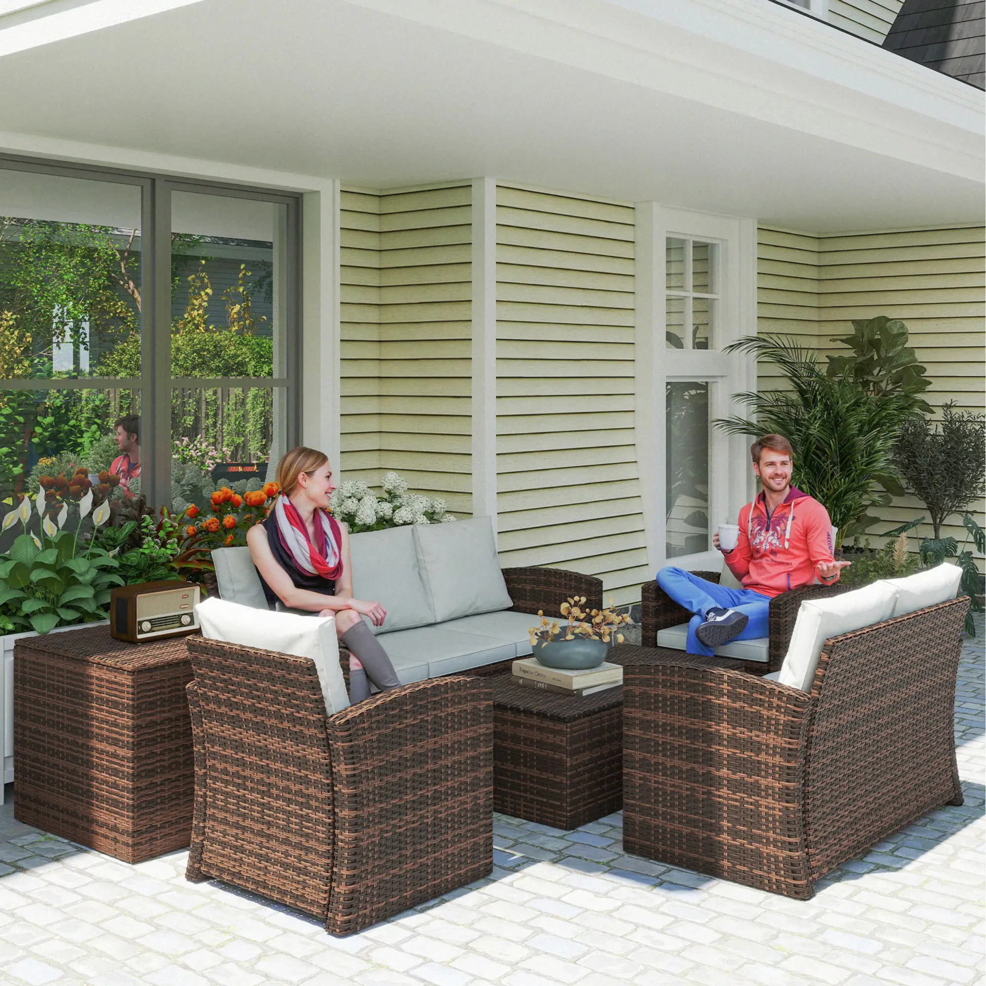 6-Piece Wicker Patio Furniture Set, 7-Seater with Cushions, Cream White - Image 2