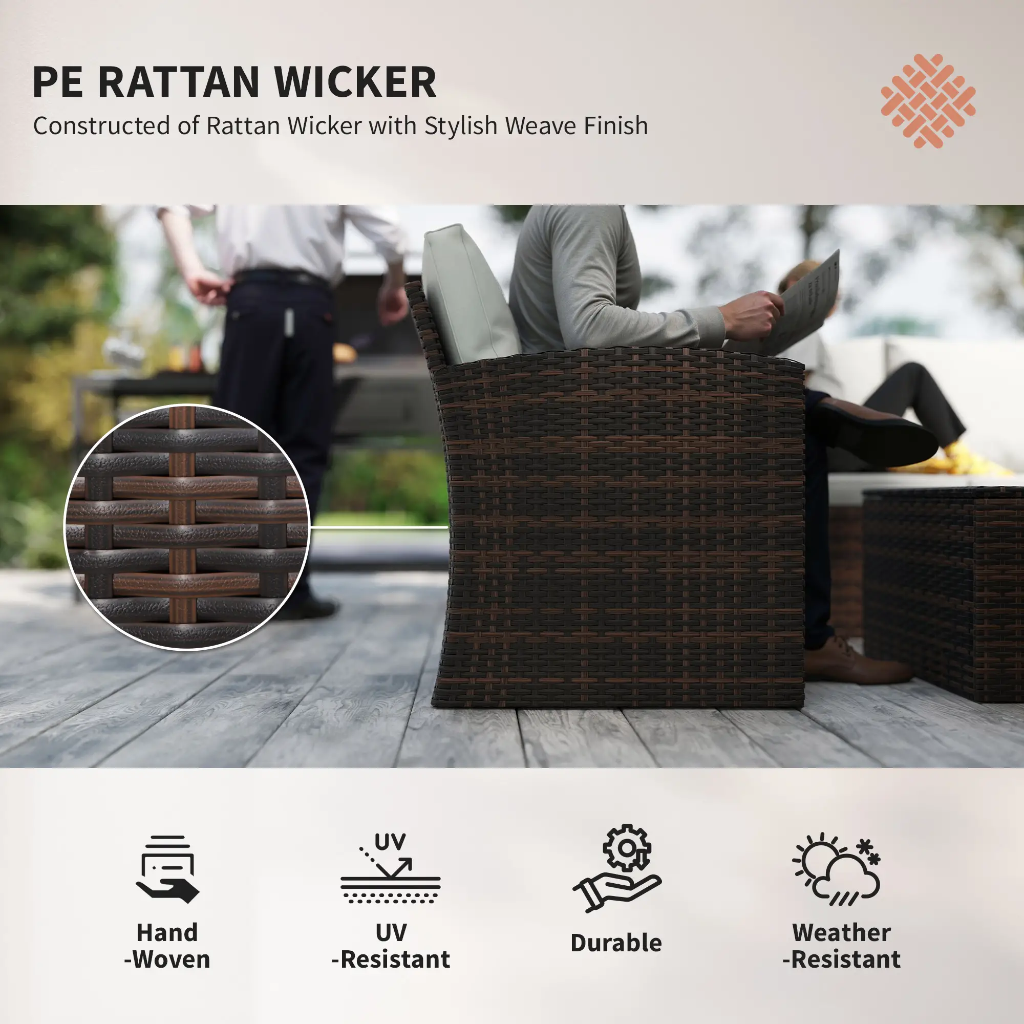 6-Piece Wicker Patio Furniture Set, 7-Seater with Cushions, Cream White - Image 4