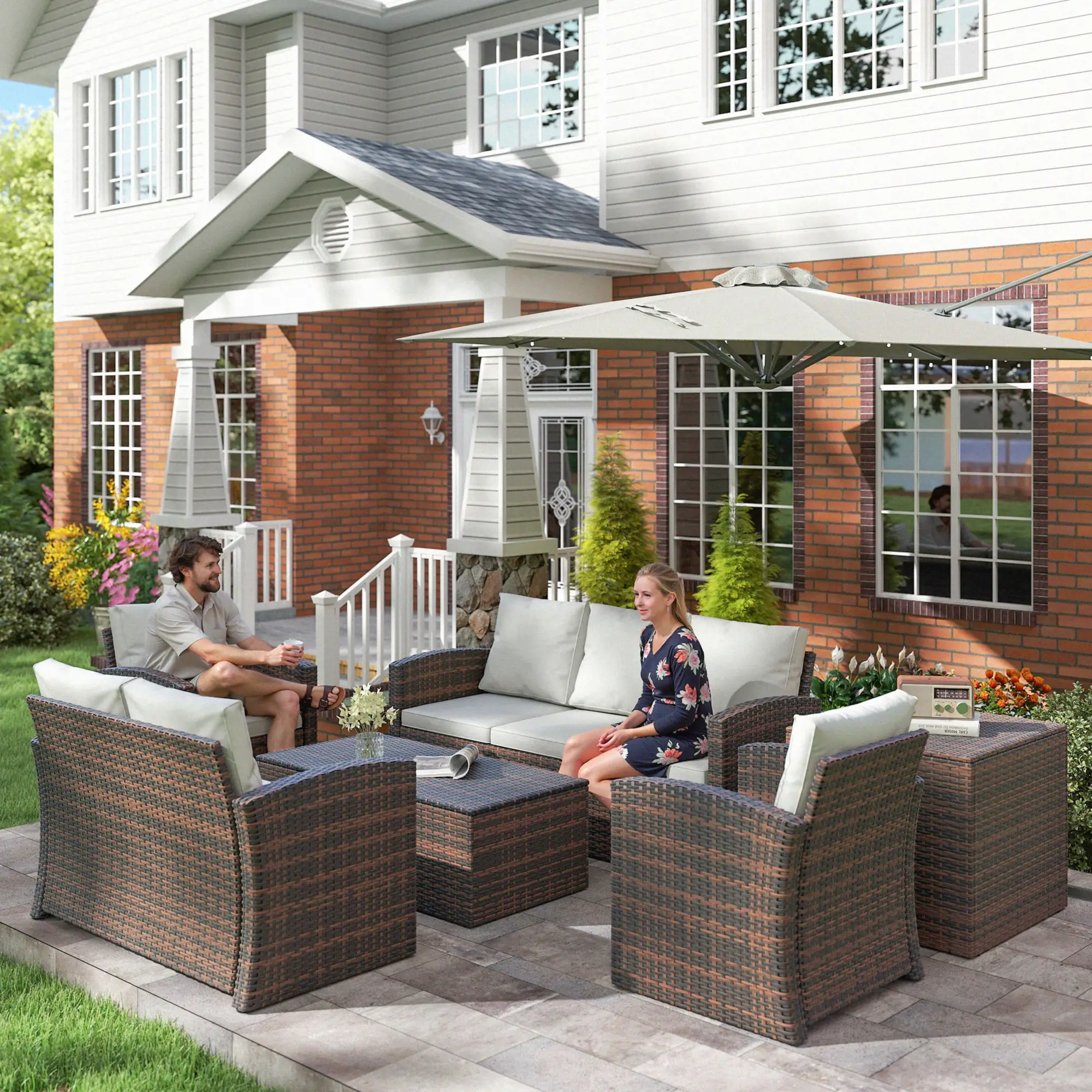 6-Piece Wicker Patio Furniture Set, 7-Seater with Cushions, Cream White - Image 8