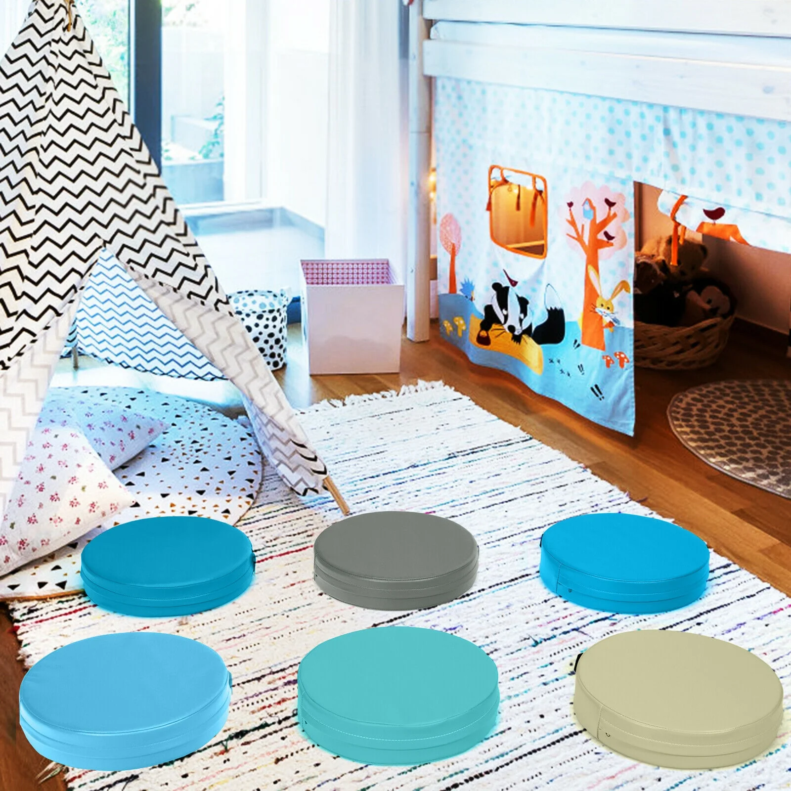 6 Pieces 15 Inch Round Toddler Floor Cushions, Blue - Image 8