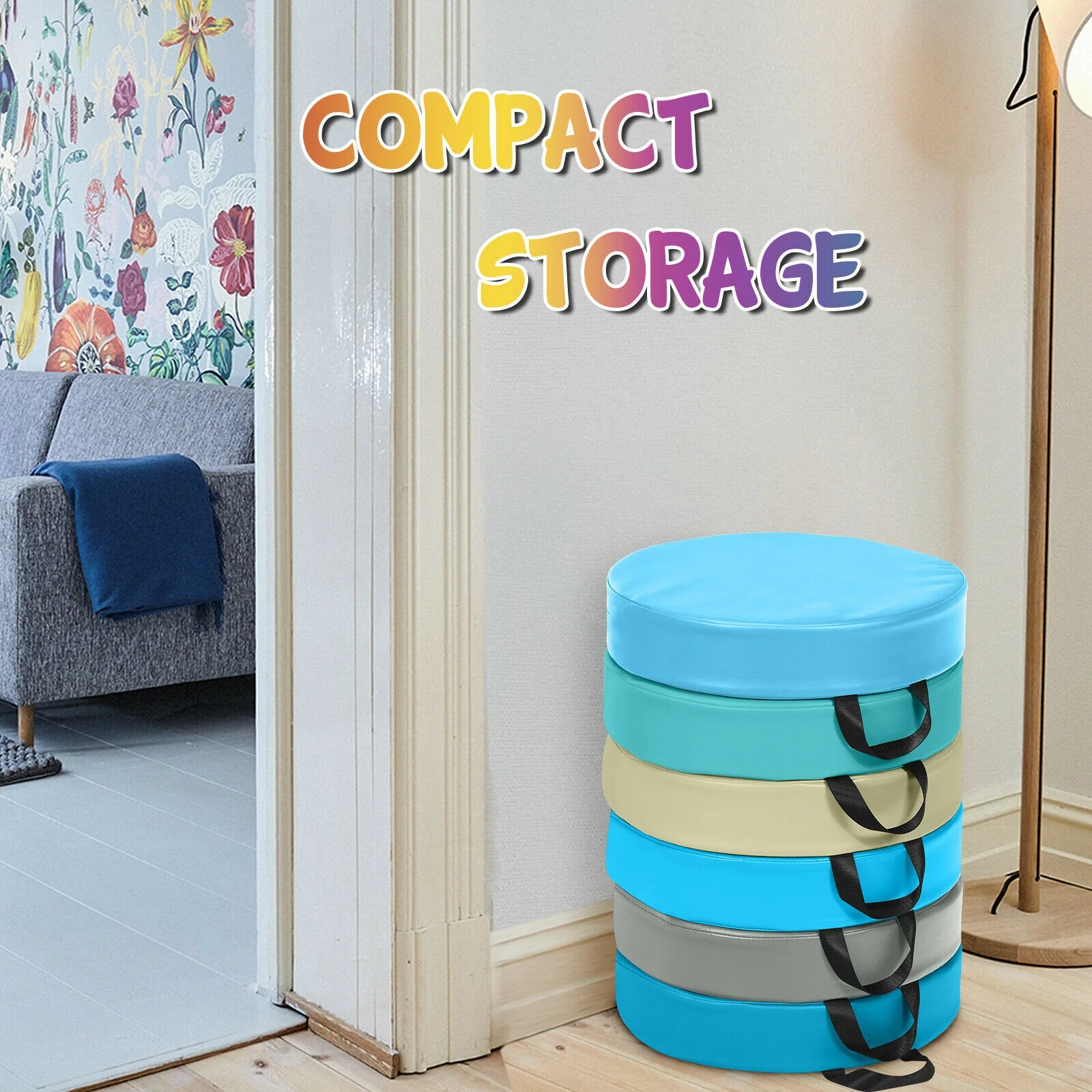 6 Pieces 15 Inch Round Toddler Floor Cushions, Blue - Image 9