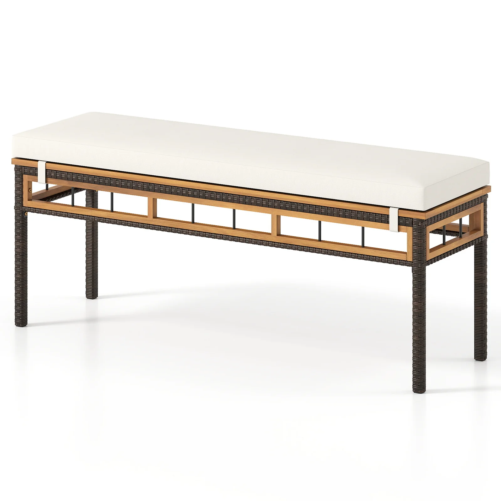 6-Pieces Patio Dining Table Set Rectangular Acacia Wood Table and Backless Bench, White