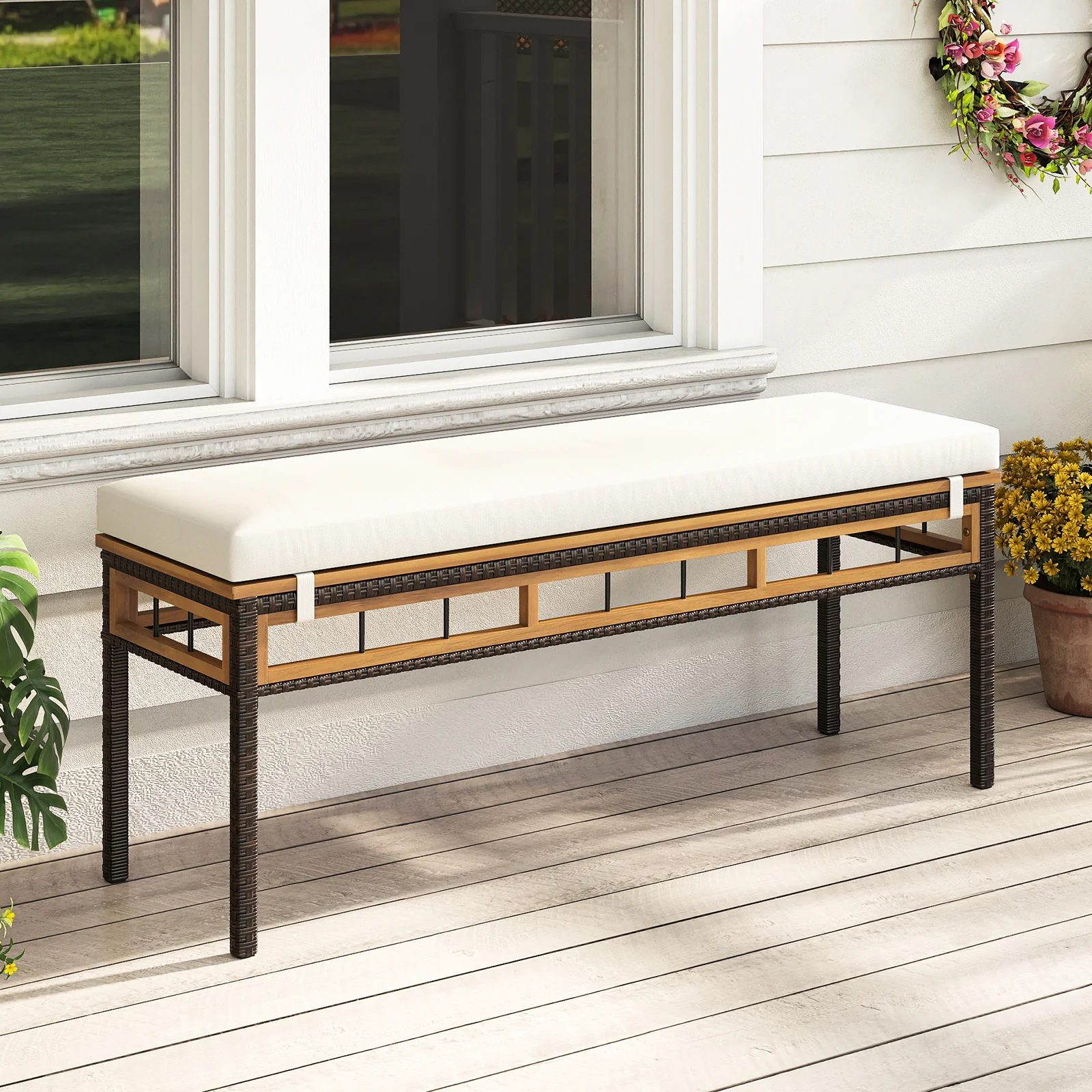 6-Pieces Patio Dining Table Set Rectangular Acacia Wood Table and Backless Bench, White - Image 2