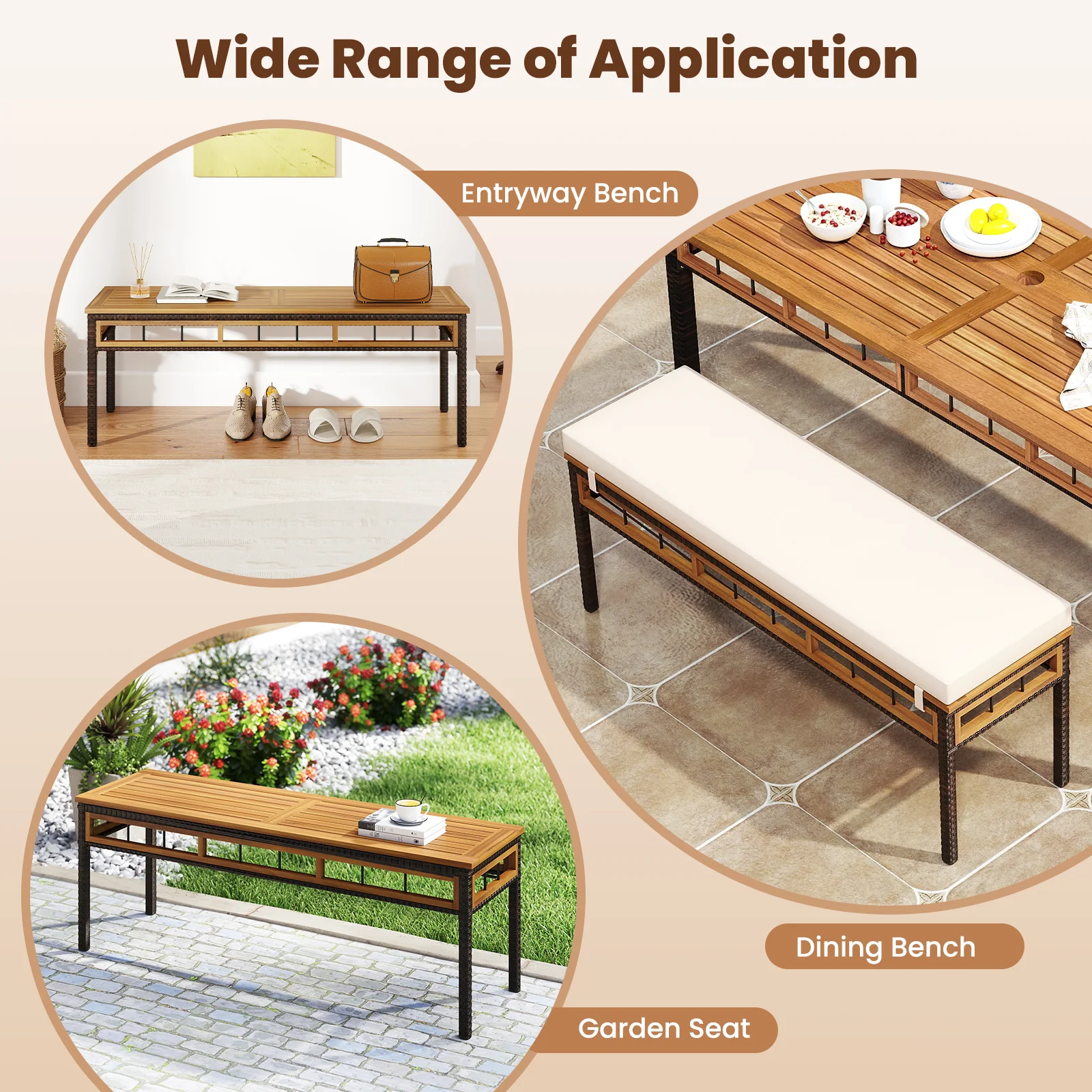6-Pieces Patio Dining Table Set Rectangular Acacia Wood Table and Backless Bench, White - Image 6