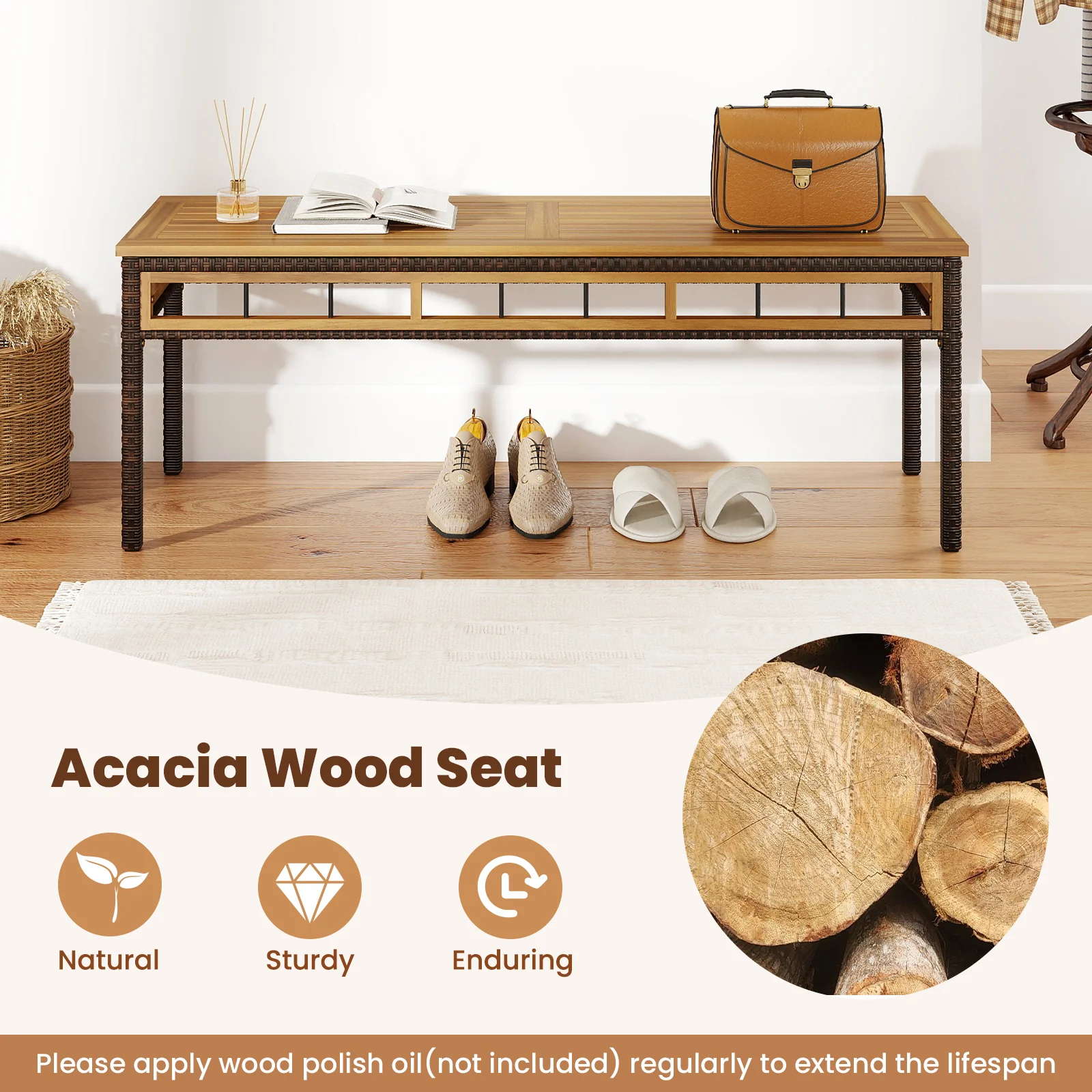 6-Pieces Patio Dining Table Set Rectangular Acacia Wood Table and Backless Bench, White - Image 8