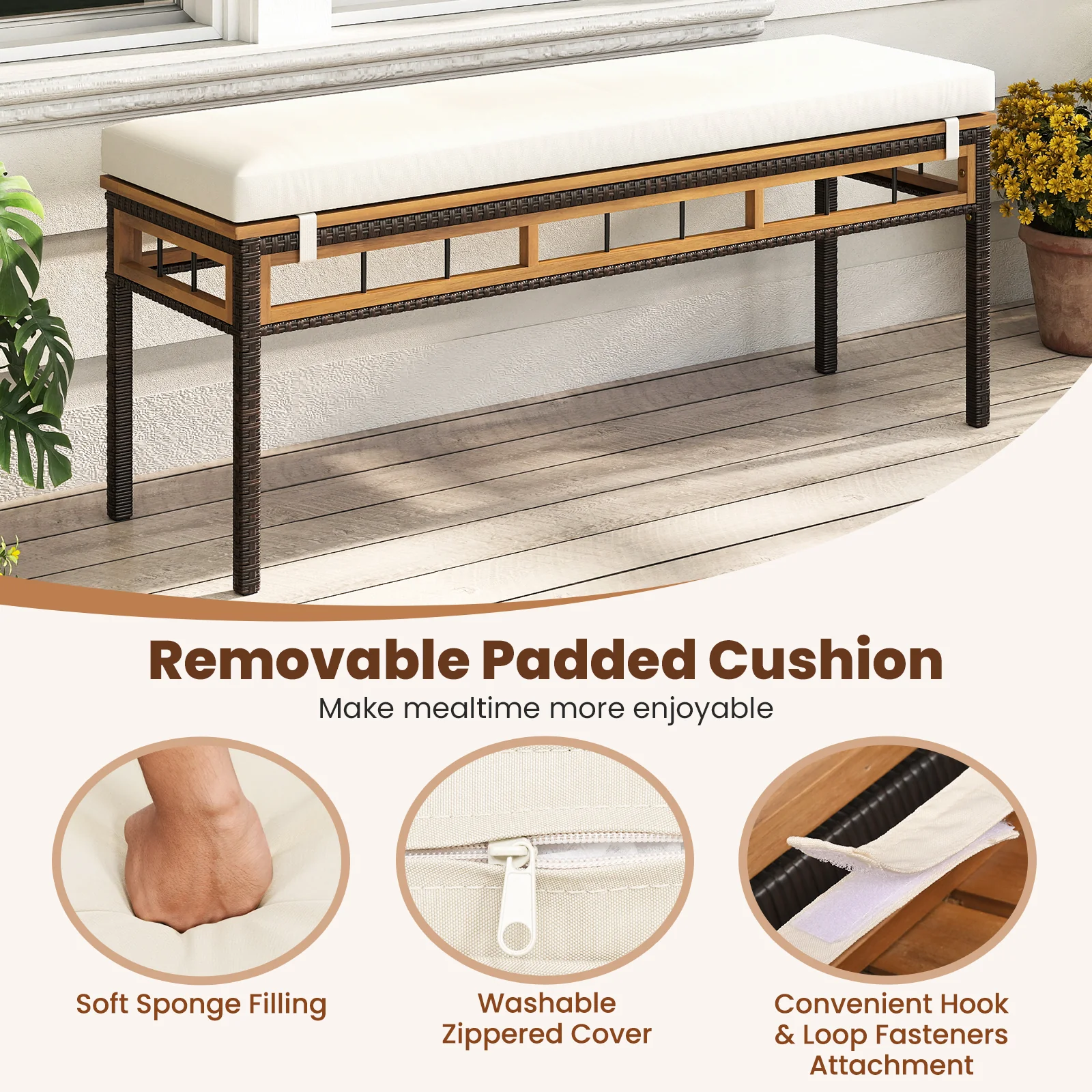 6-Pieces Patio Dining Table Set Rectangular Acacia Wood Table and Backless Bench, White - Image 9